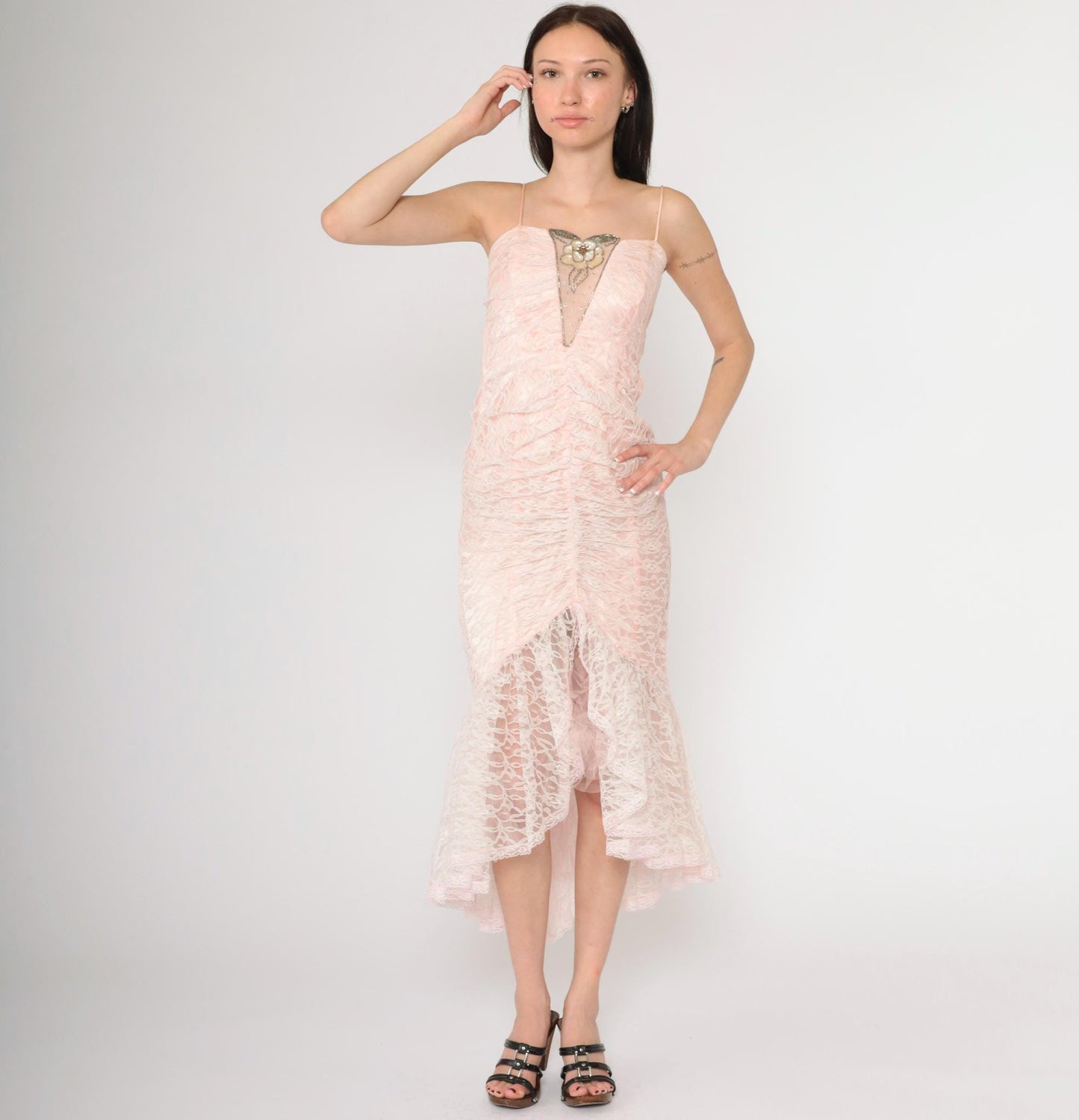 80s Pink Lace Beaded Sequin Evening Dress Sweetheart Neckline Spaghetti Strap Extra Small