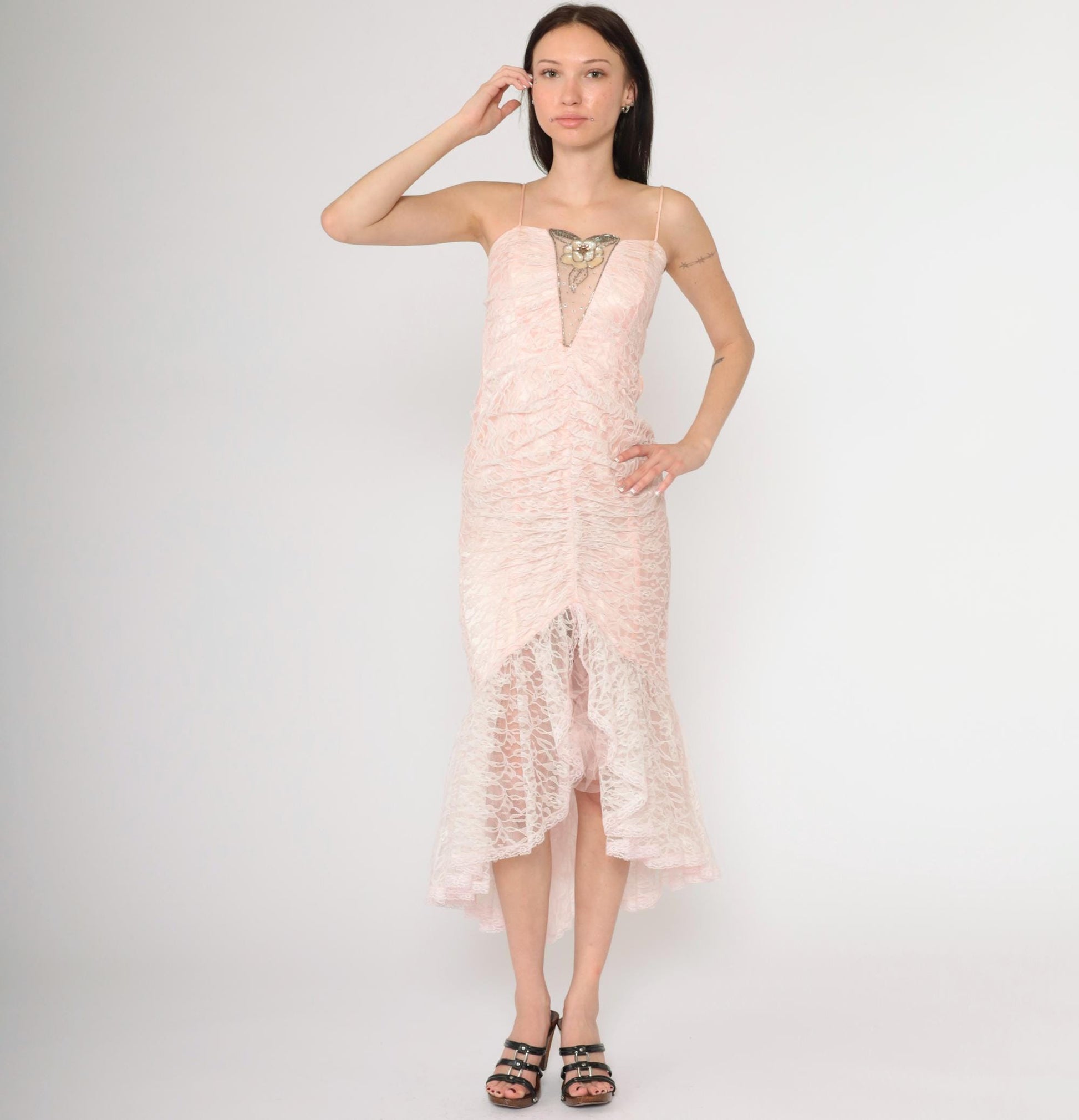 80s Pink Lace Beaded Sequin Evening Dress Sweetheart Neckline Spaghetti Strap Extra Small