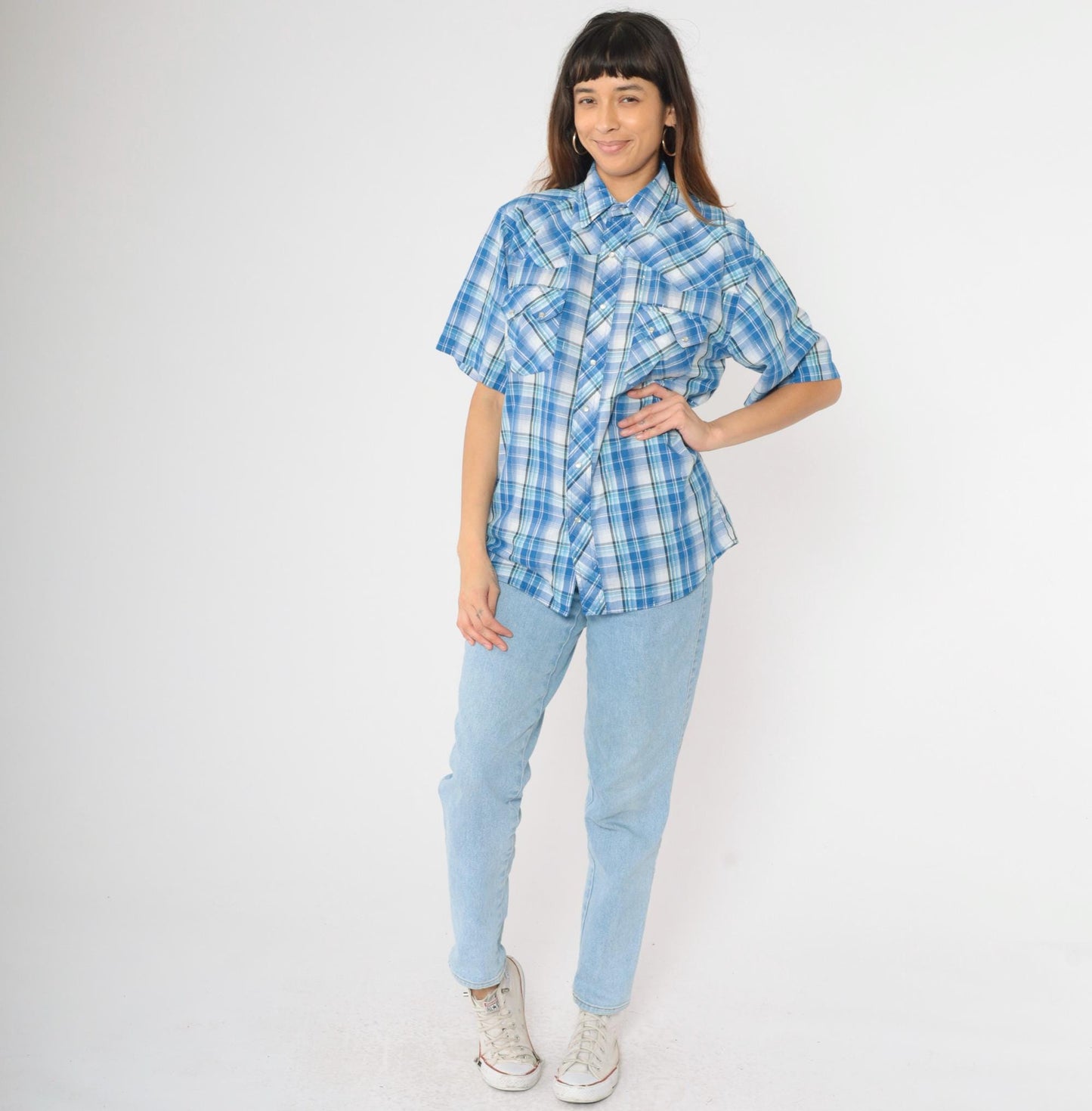 90s Rustler by Wrangler Western Shirt Blue Plaid Pearl Snap Metallic Large