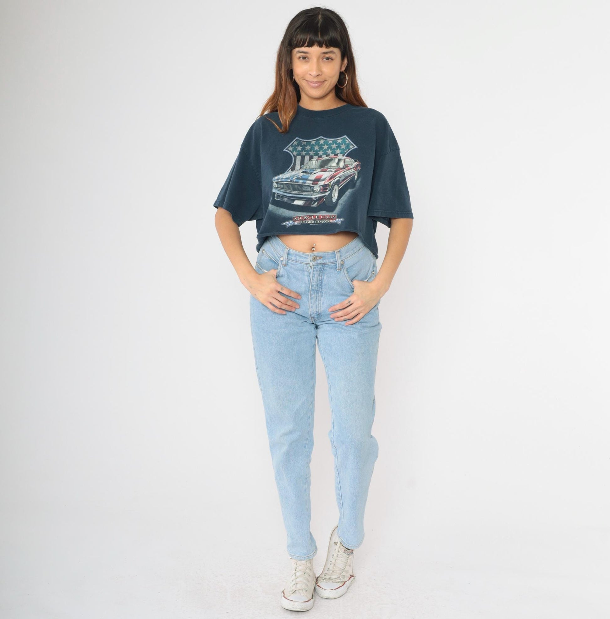 Y2K Muscle Cars American Icon Graphic Crop Top Navy Cotton Extra Large XL