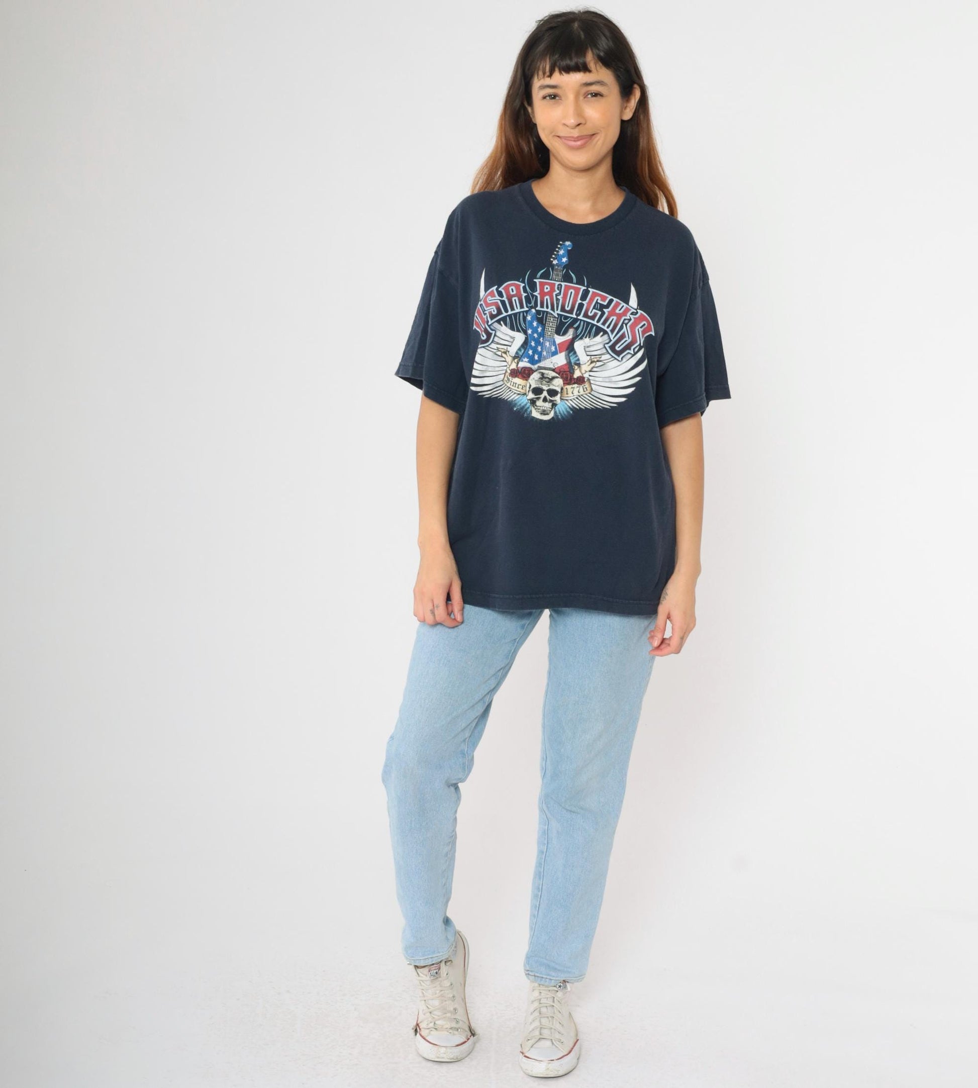 USA Rocks Skull Guitar Graphic T-Shirt Navy Cotton Crewneck Extra Large XL
