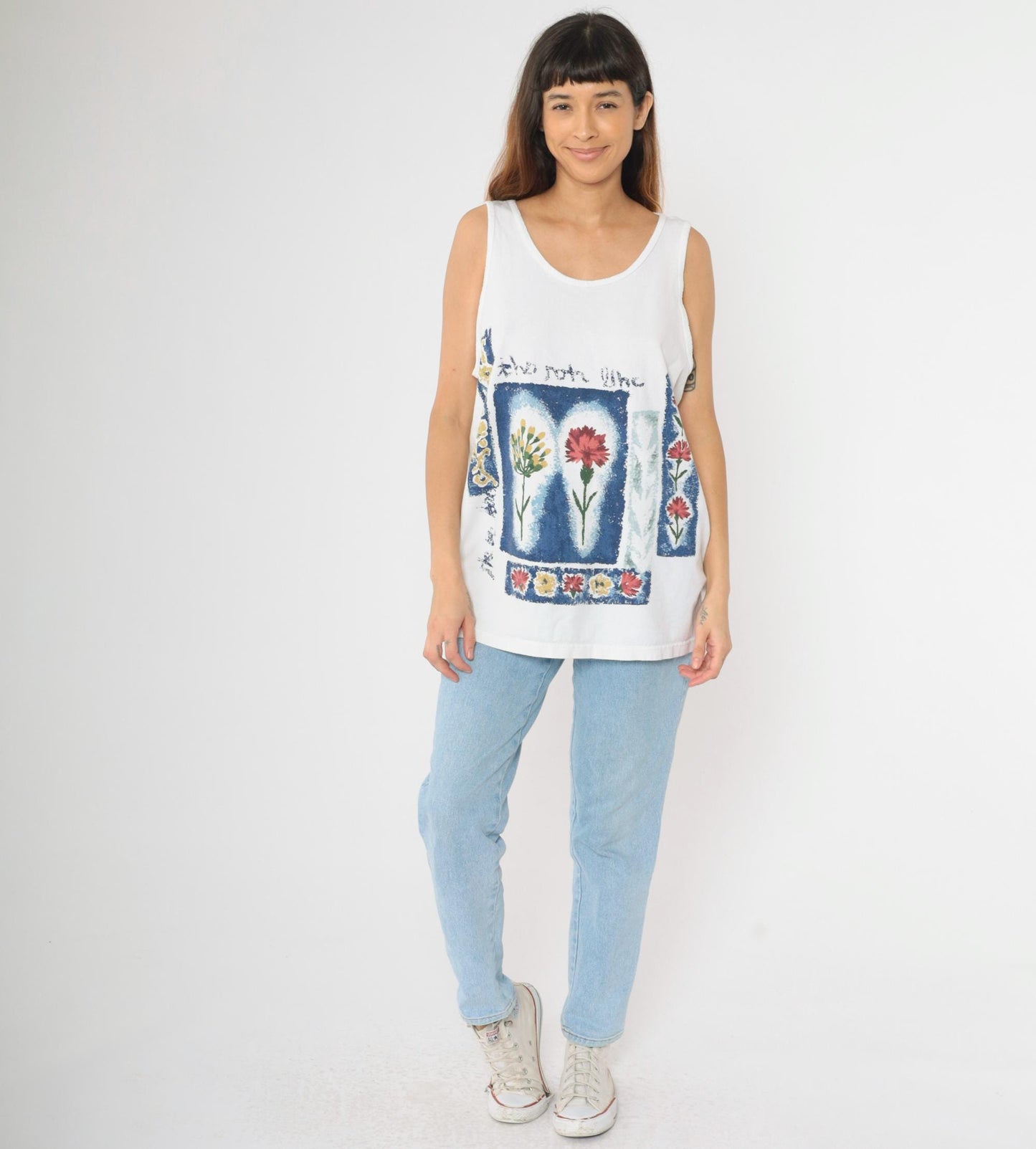 90s Floral Scoop Neck Tank Top White Botanical Graphic Large L