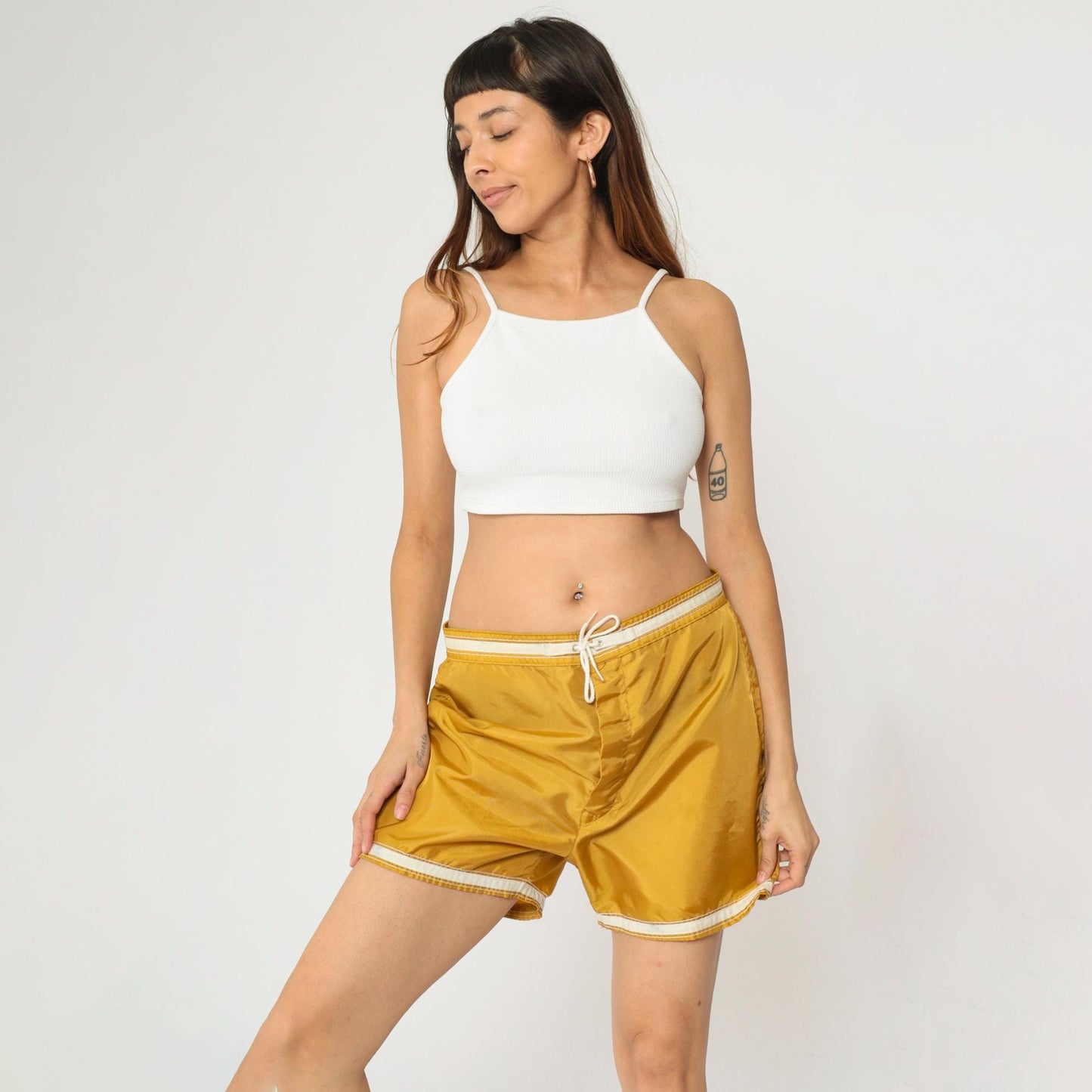 1970s Sears Swim Trunks Mustard Yellow Striped Board Shorts Medium 34