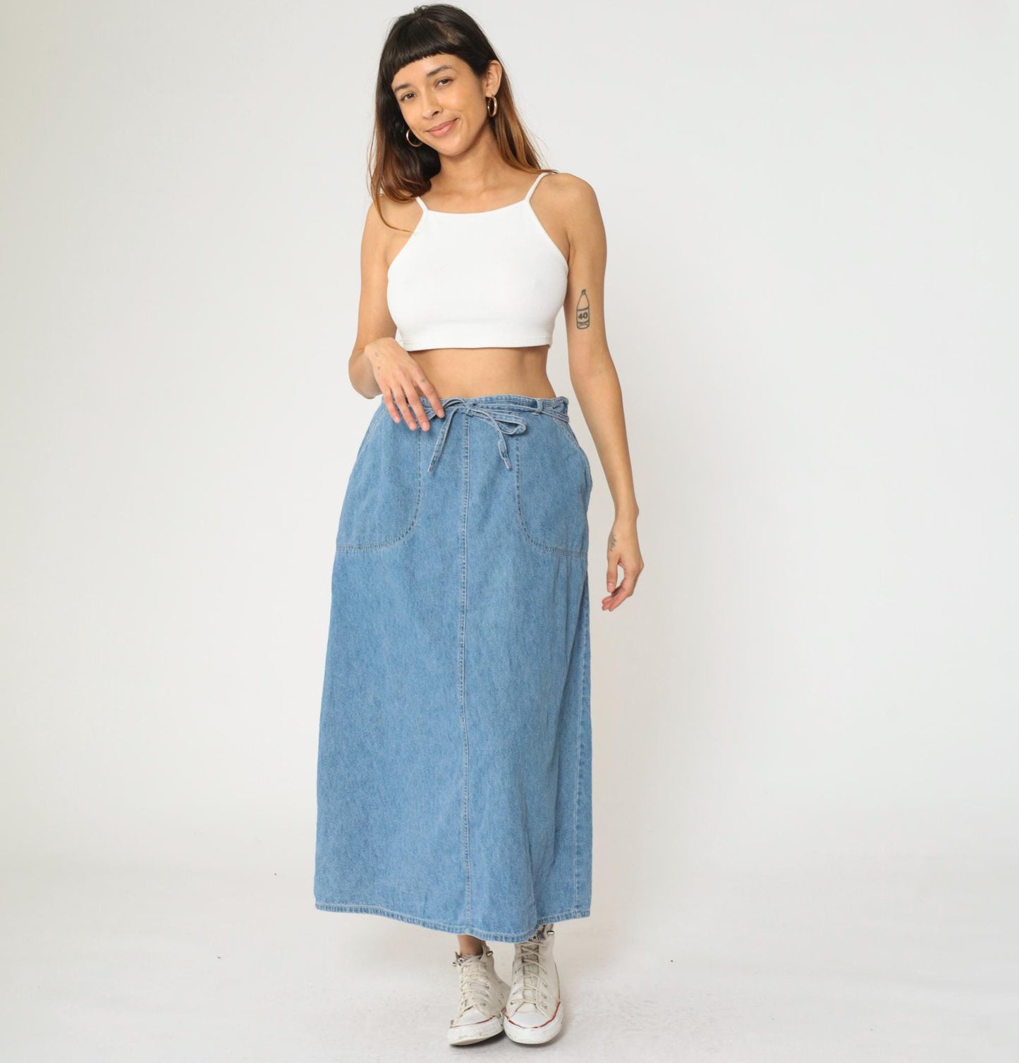 90s St. John's Bay Denim Cargo Maxi Skirt Blue High Waist Tie Closure Size 16W