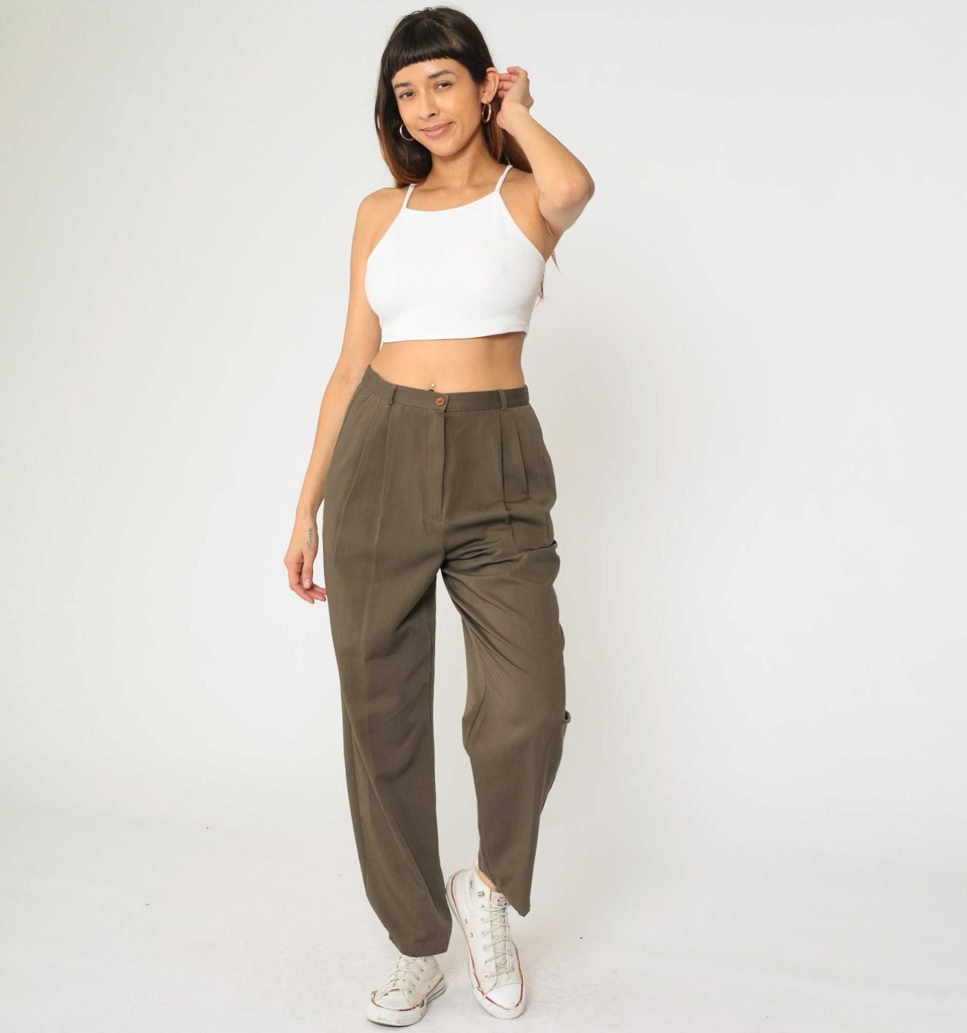 90s Brown Pleated High-Waist Trousers Tapered Leg Medium M