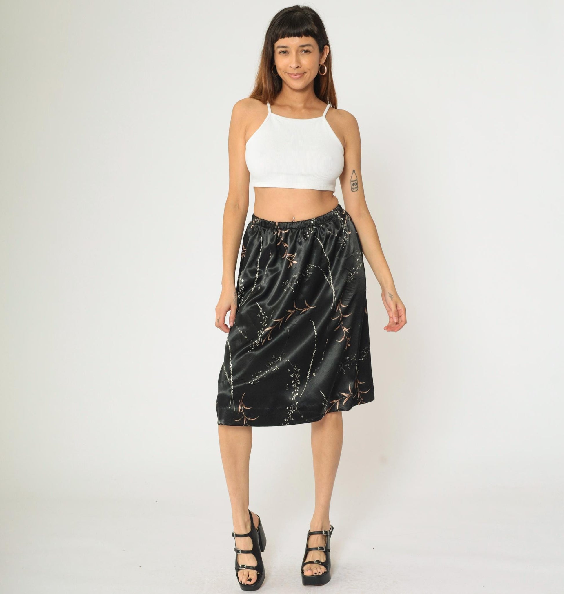 90s Black Satin Midi Skirt Floral Print High Waist Elastic Small