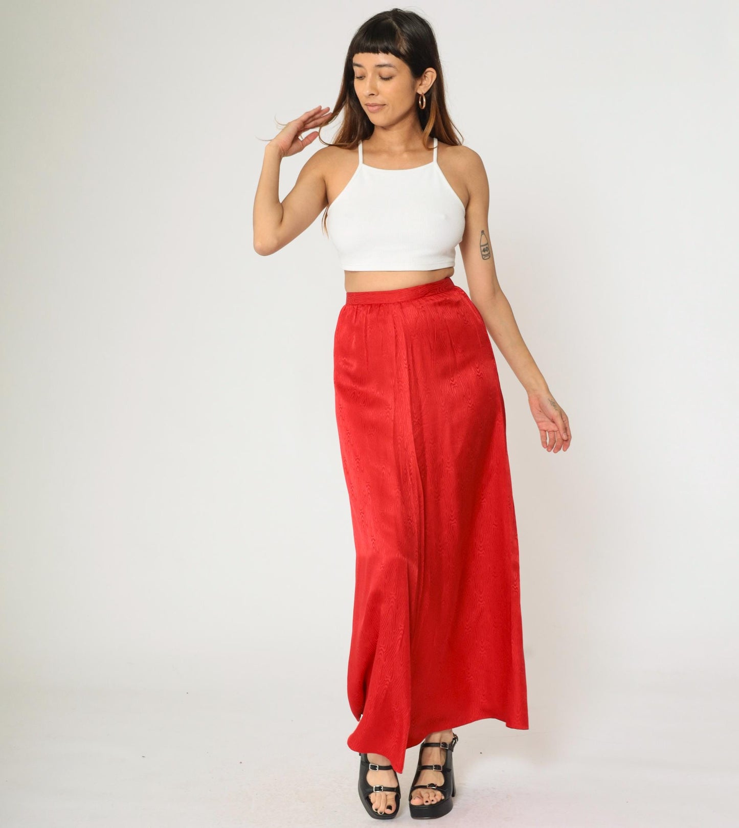 90s Red Moiré Satin Maxi Skirt High Waist A-Line Bias Cut Small