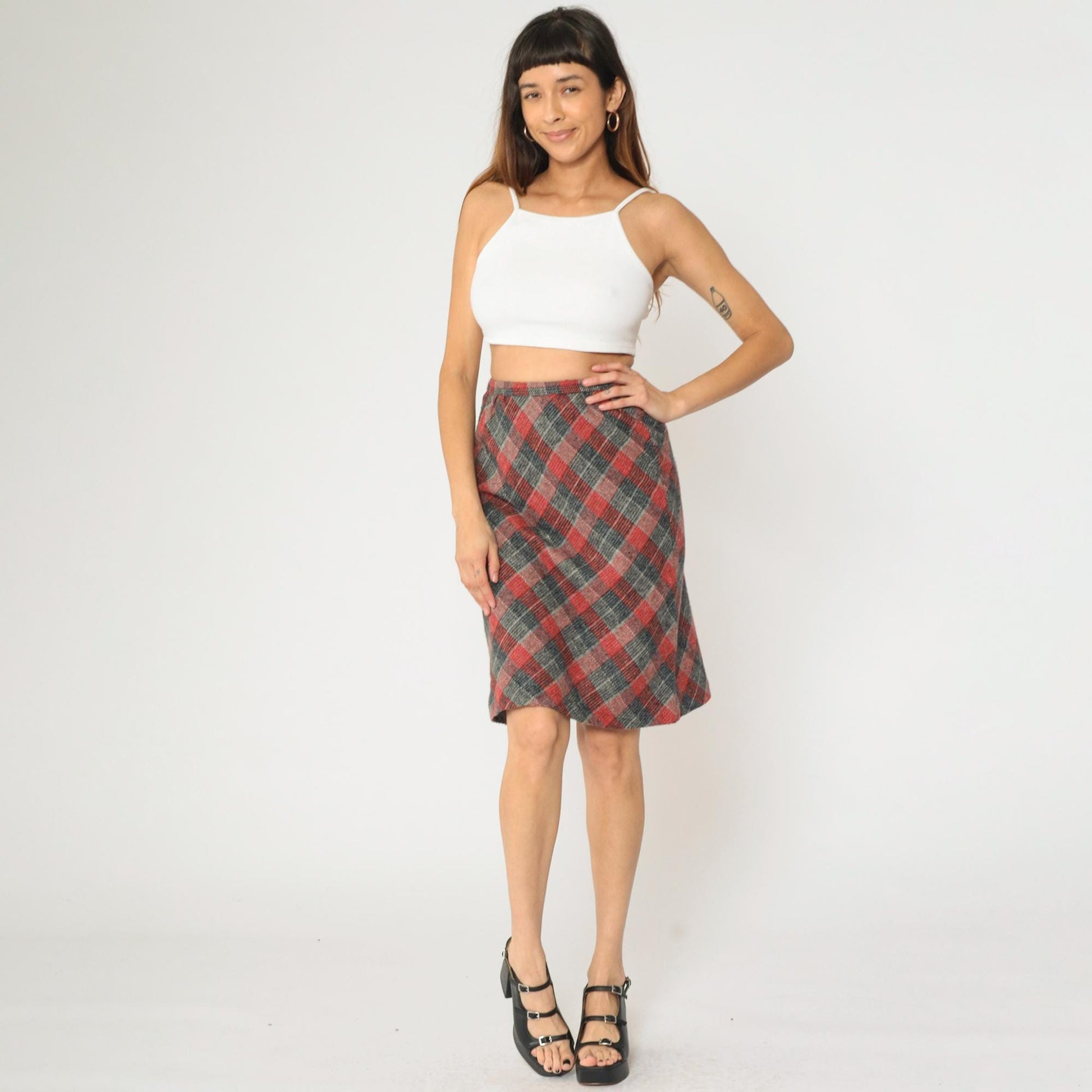 80s Checkered Skirt Grey Red High Waisted Straight Knee Length Extra Small