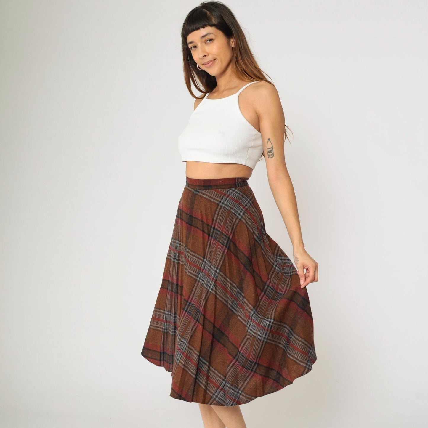 80s Russ Togs II Plaid Midi Skirt Brown High-Waisted A-Line Small