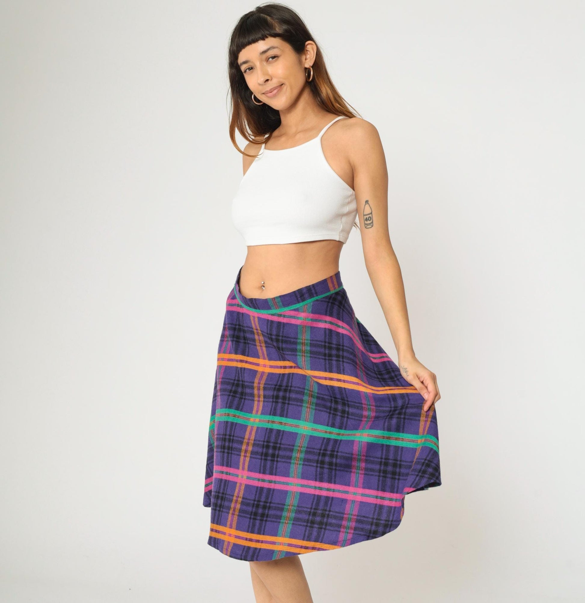 90s Purple Plaid Midi Skirt High Waisted Checkered School Girl Medium M