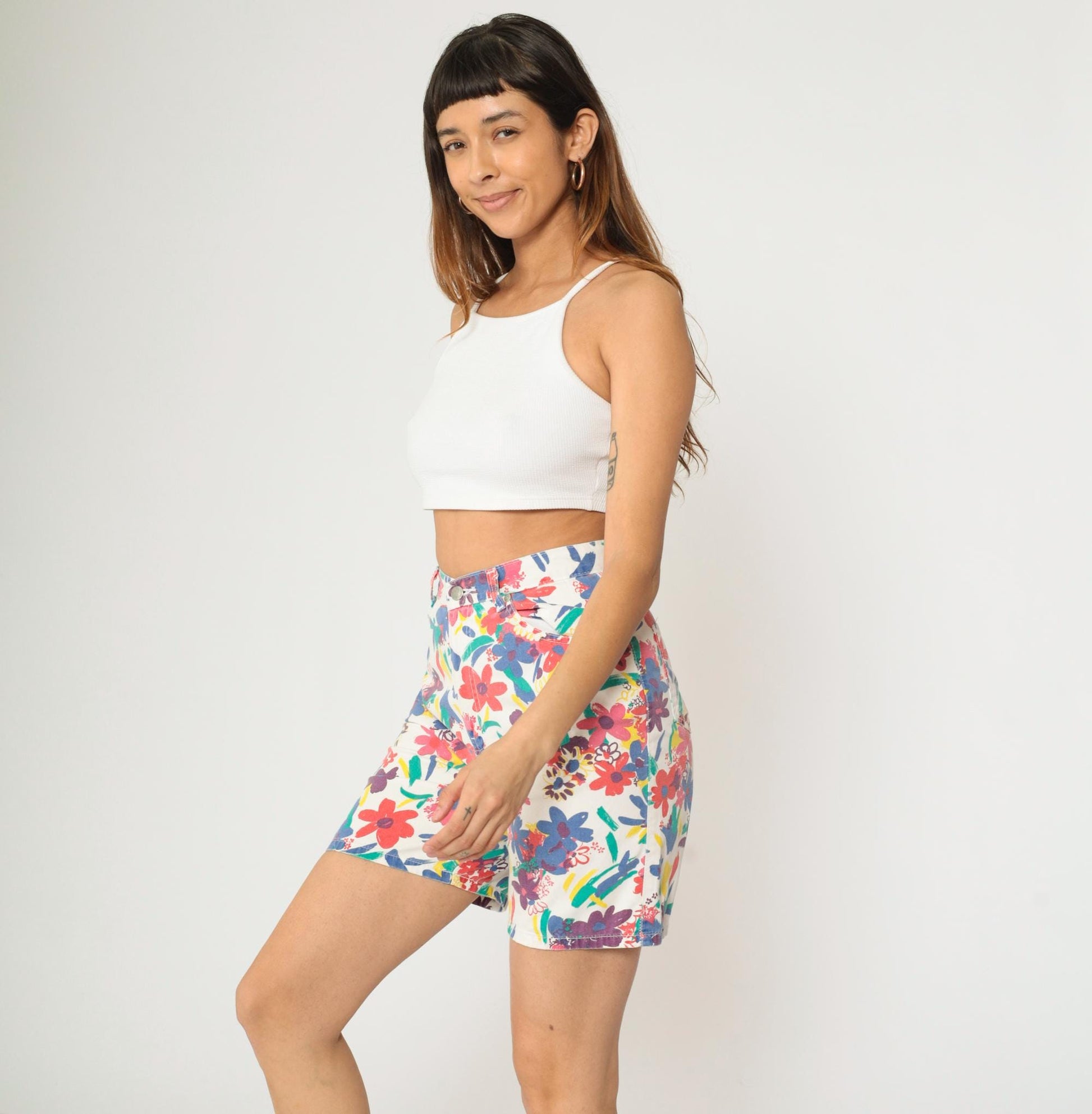 90s Sasson Floral Denim Shorts White High Waist Cotton Small
