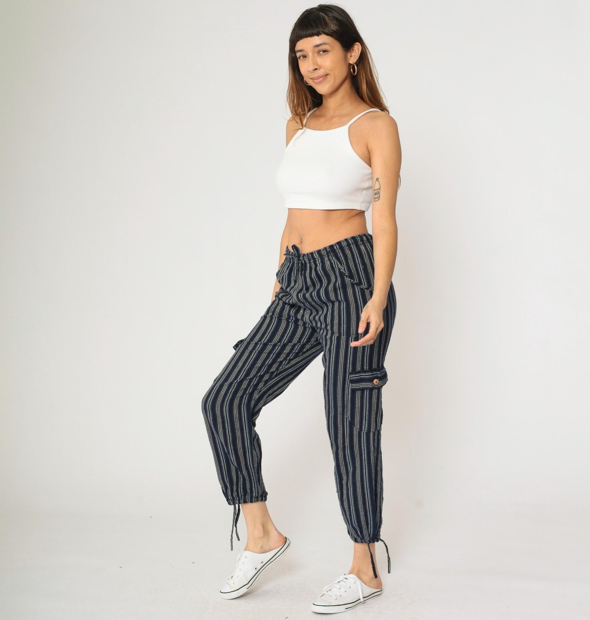 Ecuadorian Striped Navy Cargo Pants Elastic Drawstring Cropped Extra Small