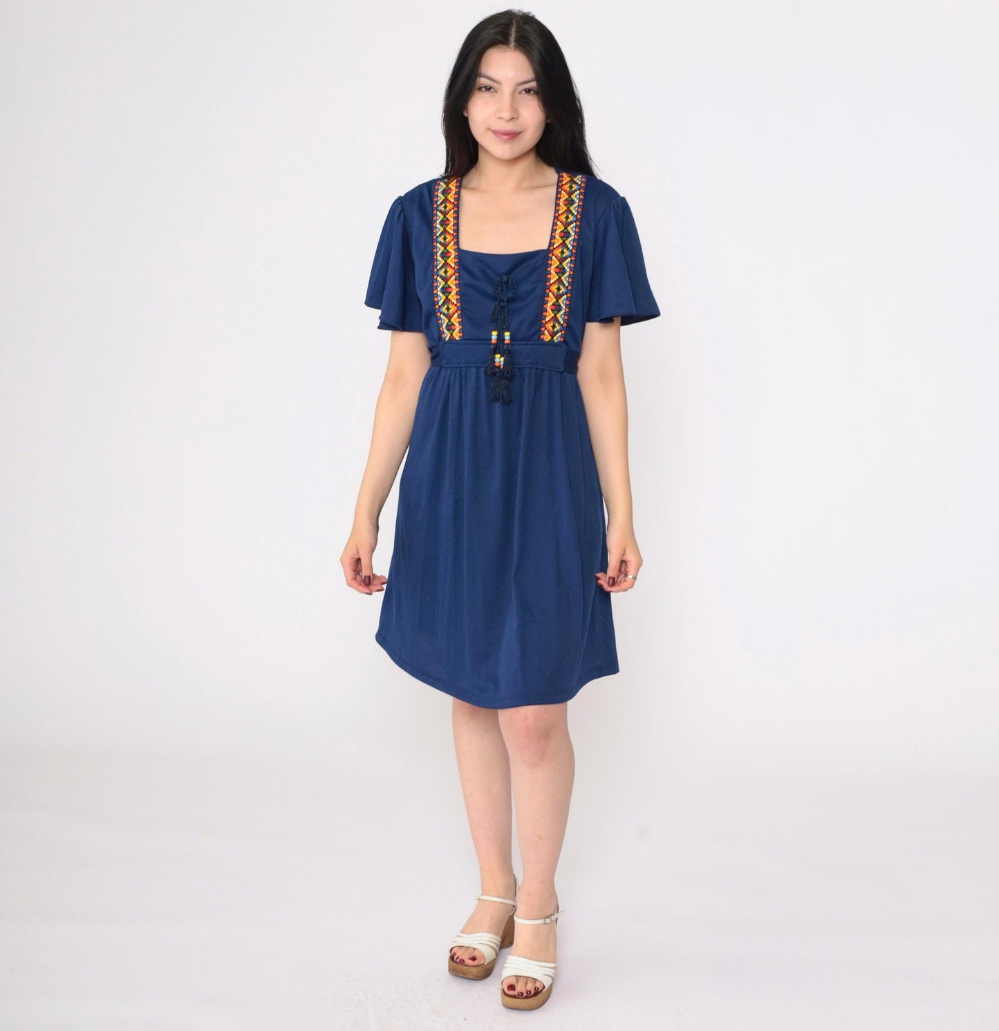 70s Navy Southwestern Empire Waist Mini Dress Flutter Sleeve Medium Large