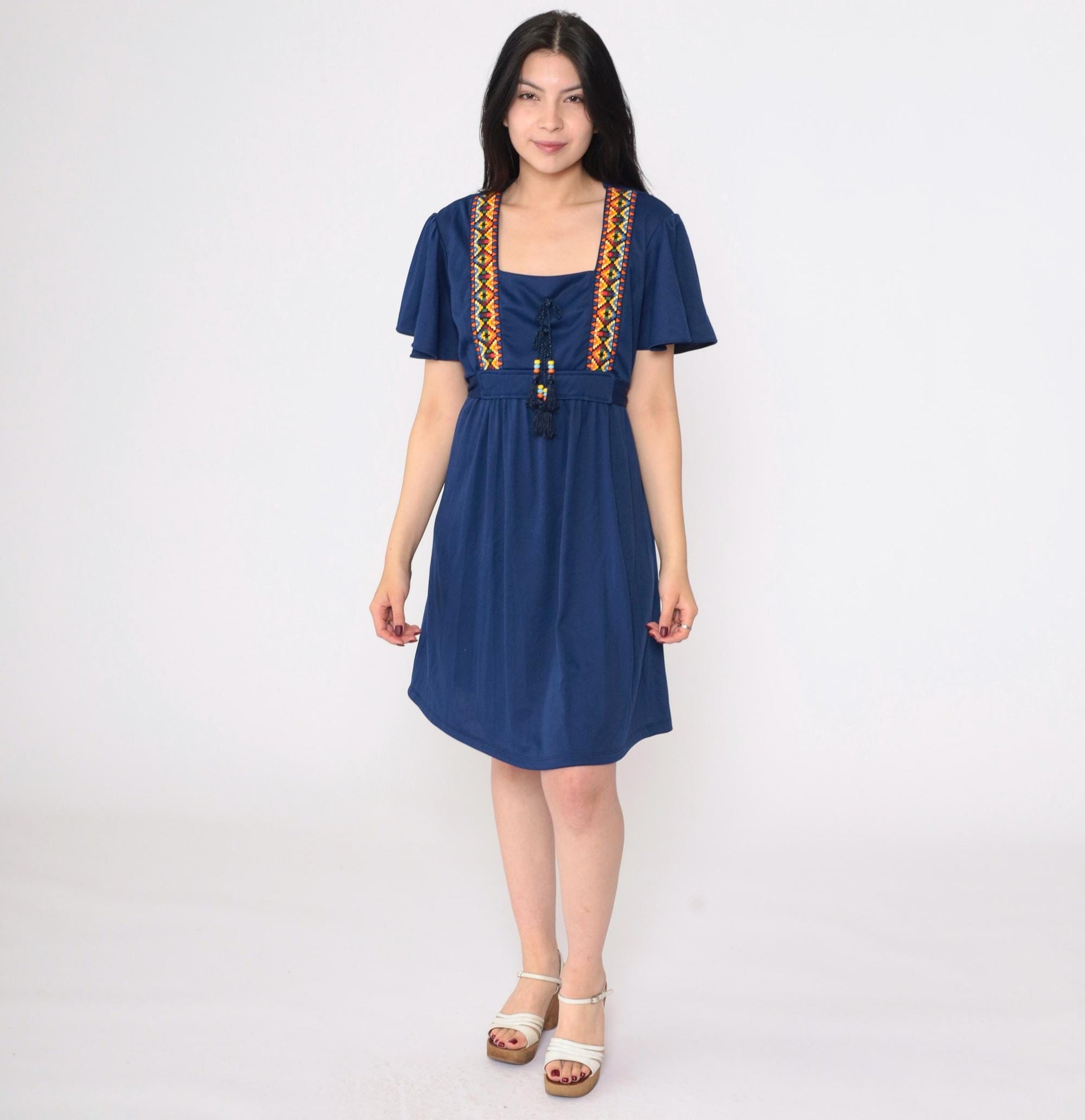 70s Navy Southwestern Empire Waist Mini Dress Flutter Sleeve Medium Large