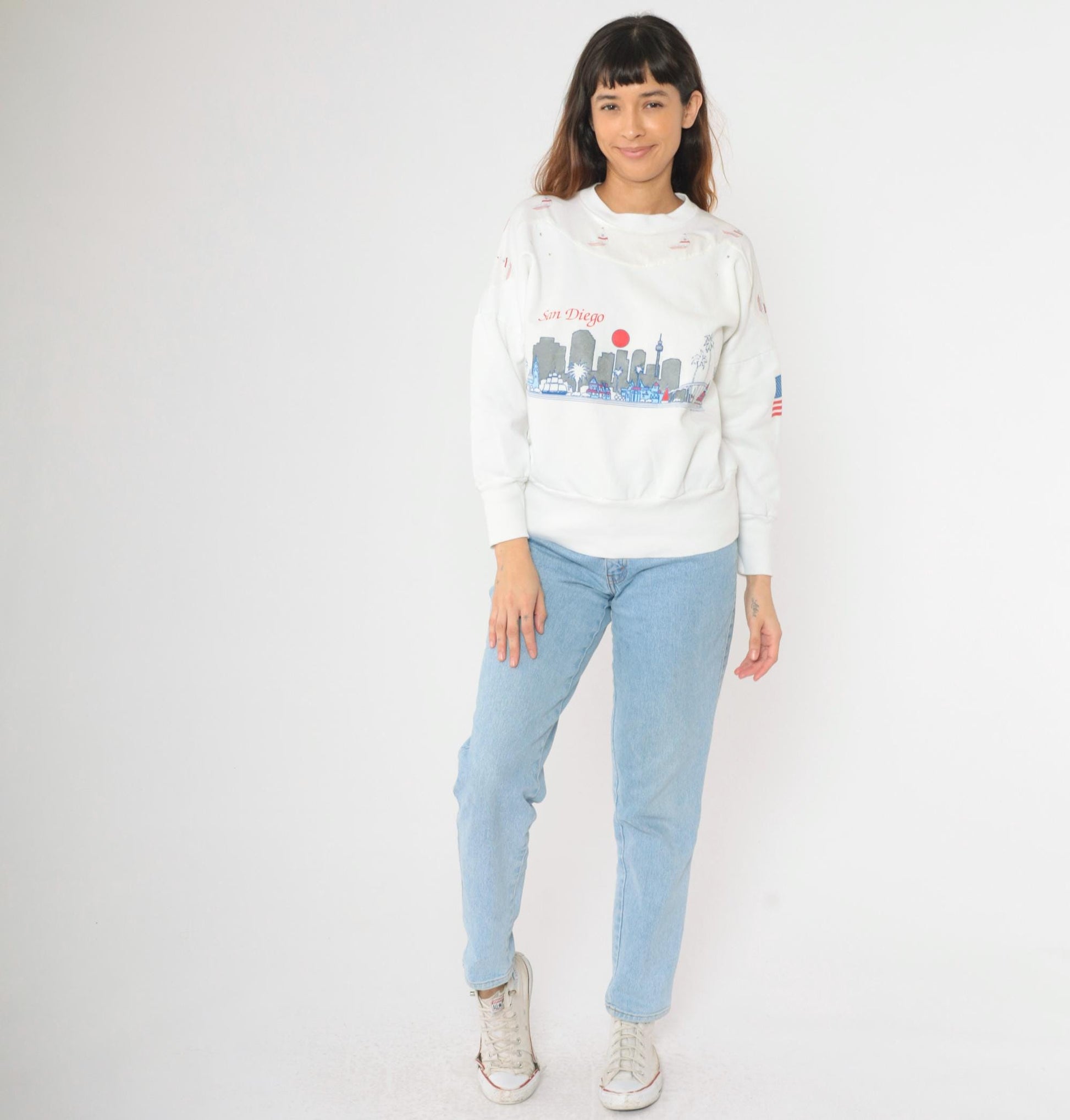 90s San Diego Nautical Sailboat Sweatshirt White Glitter Rhinestone Medium