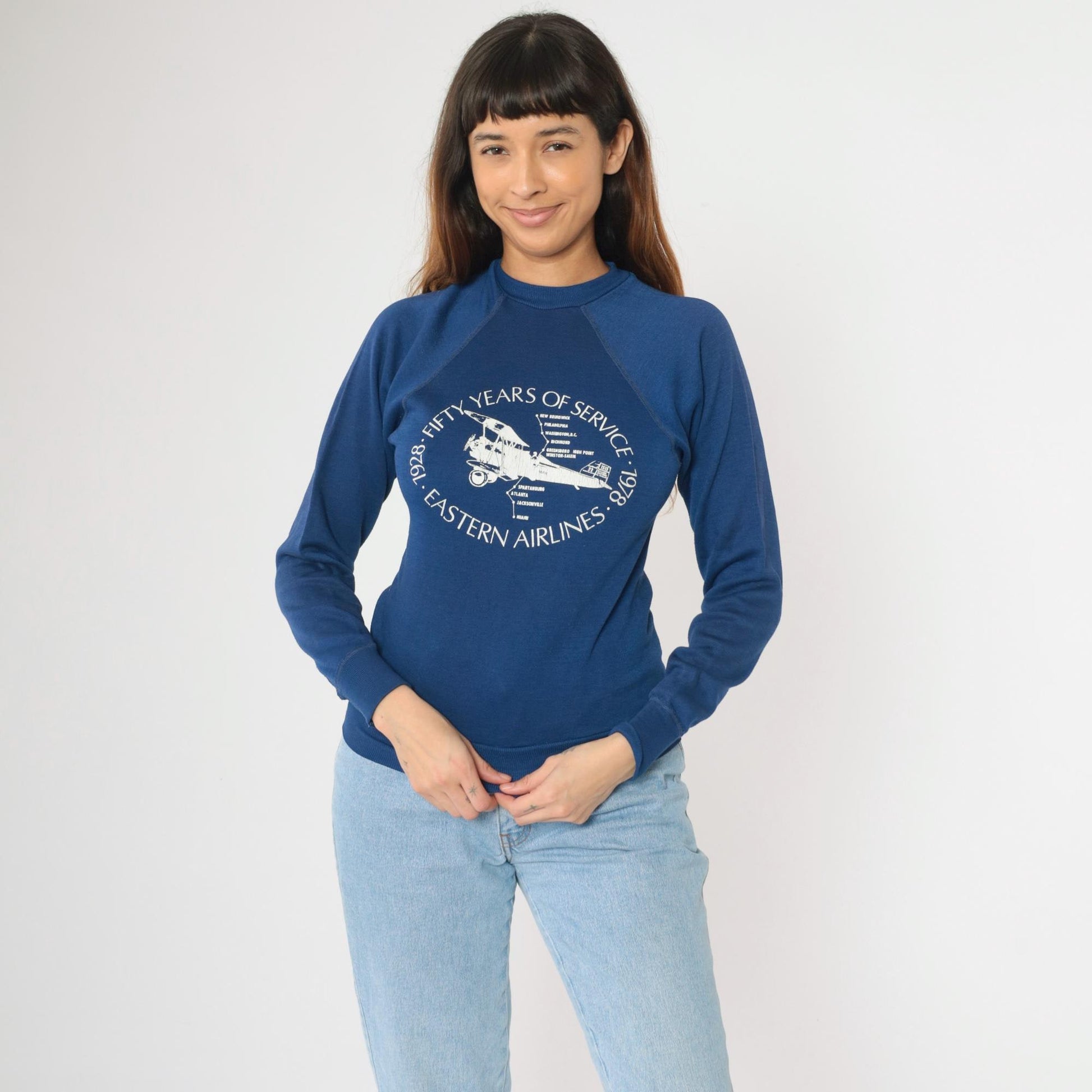 70s Eastern Airlines Sweatshirt Blue Airplane Graphic Raglan Crewneck Extra Small