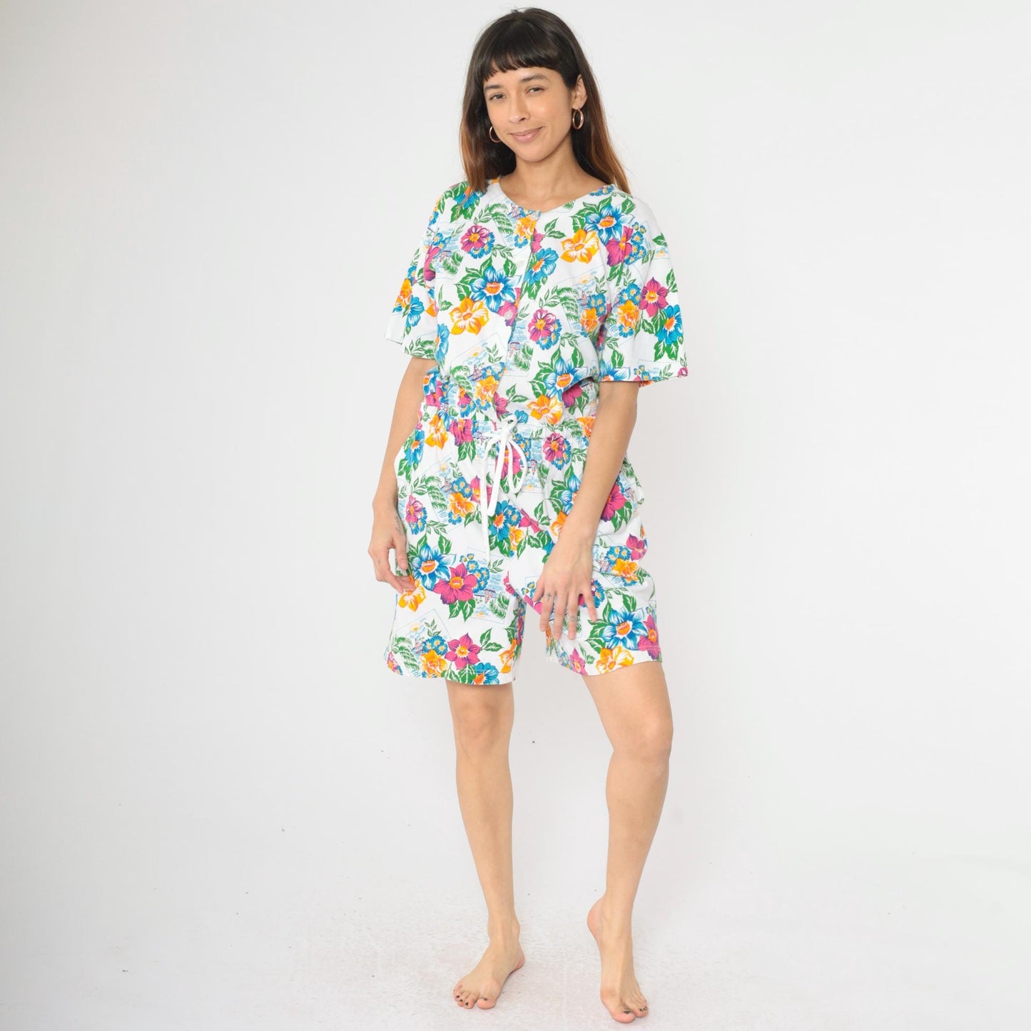 90s Tropical Floral Sailboat Romper White Cotton Button-Up Medium M