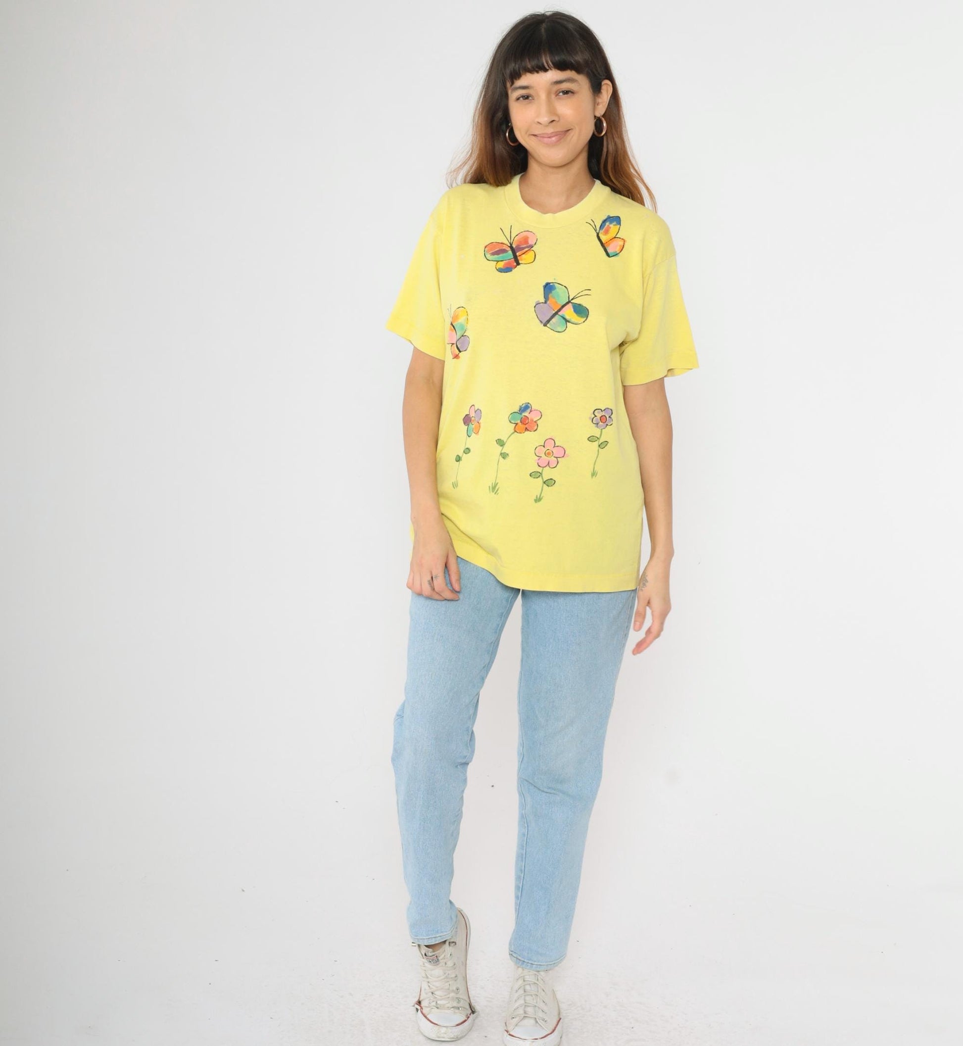 90s Fruit of the Loom Floral Butterfly Graphic T-Shirt Yellow Single Stitch Large L