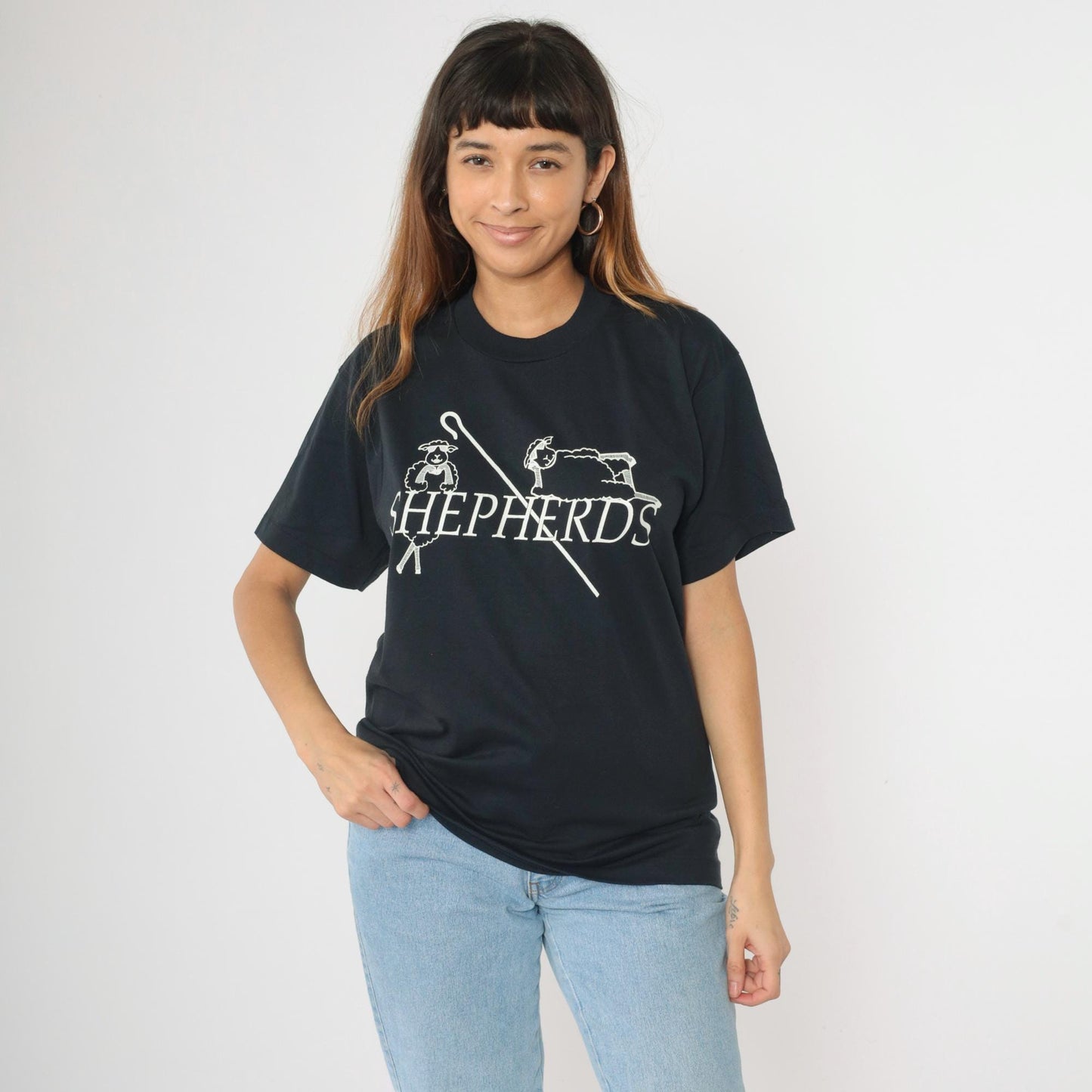 90s Shepherd Sheep Graphic T-Shirt Screen Stars Black Single Stitch Medium