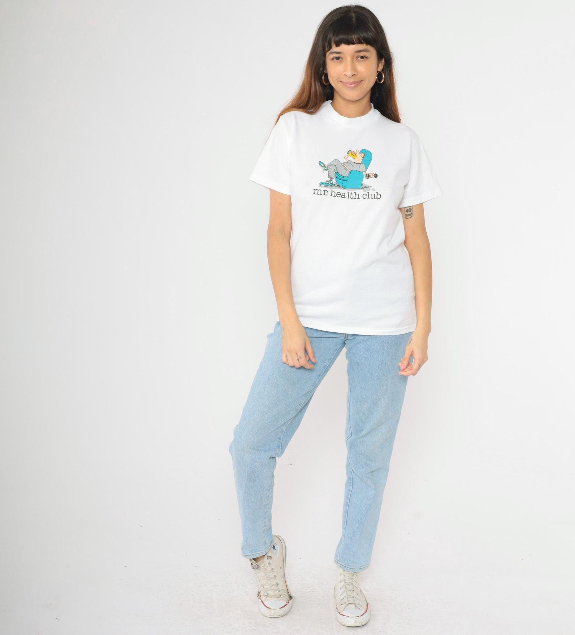 90s Jim Benton Mr. Health Club Graphic T-Shirt White Cotton Medium M