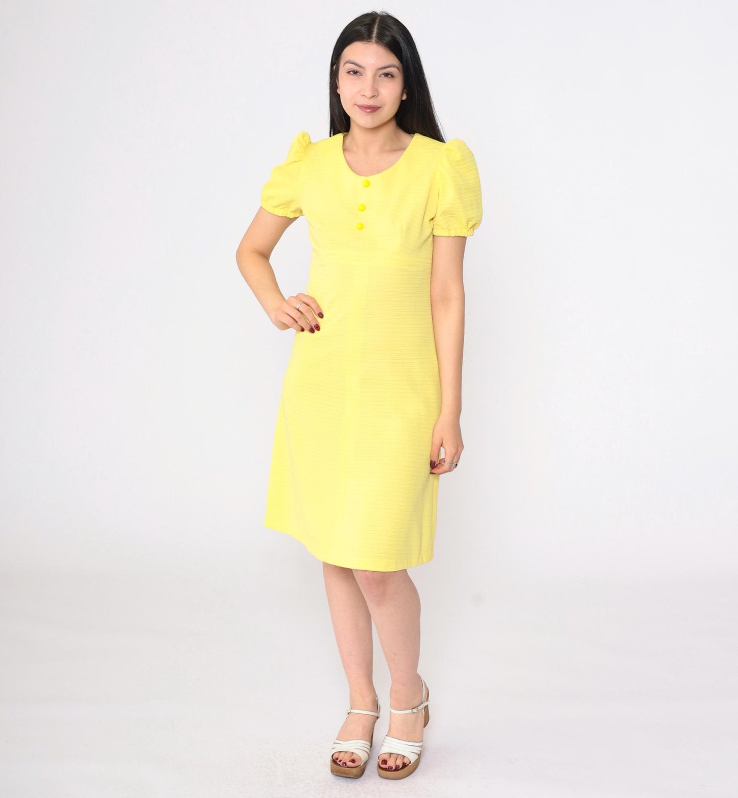 70s Yellow Babydoll Dress Empire Waist Puff Sleeve Mini Scoop Neck Small