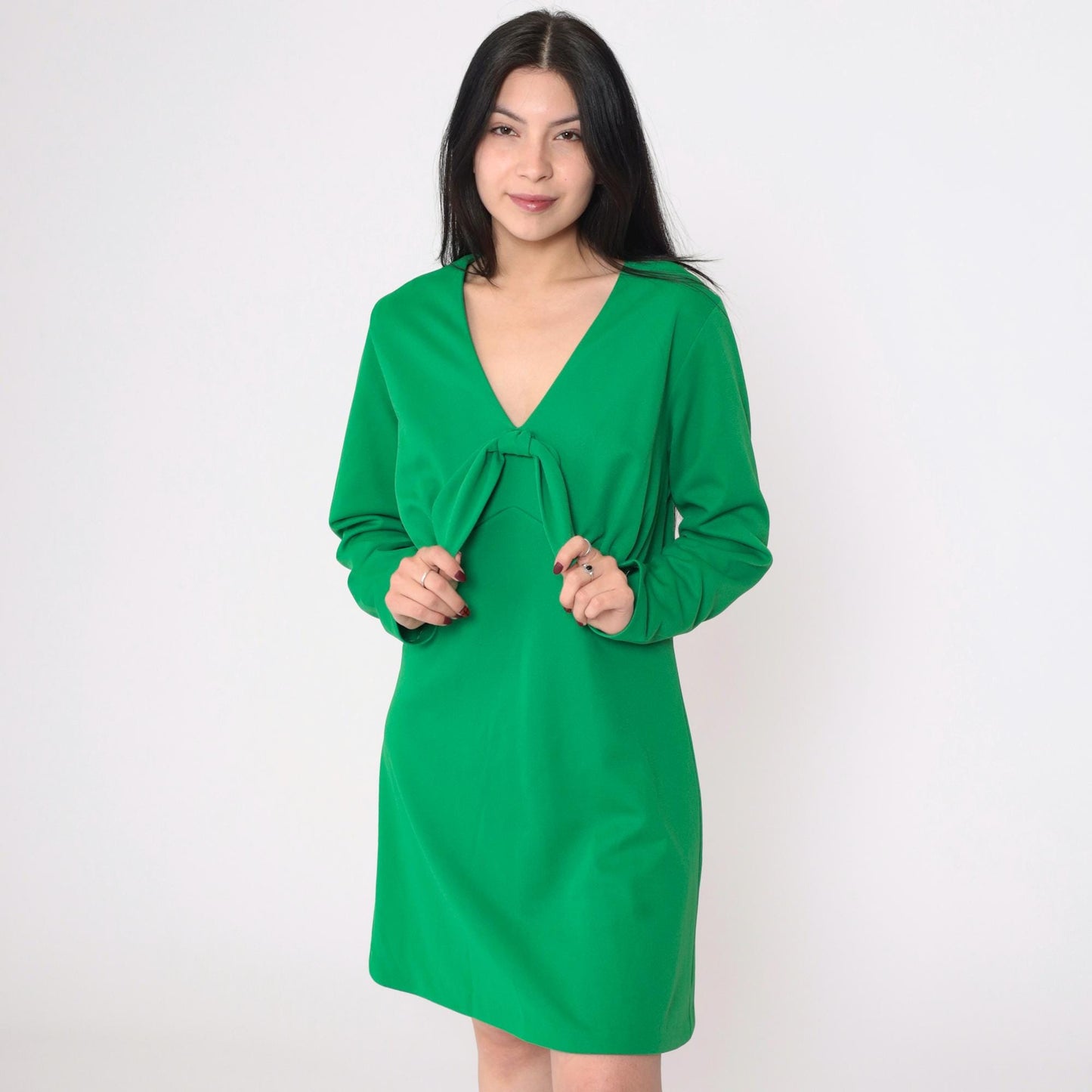70s Green Babydoll Mini Dress Keyhole Back Empire Waist Long Sleeve Large