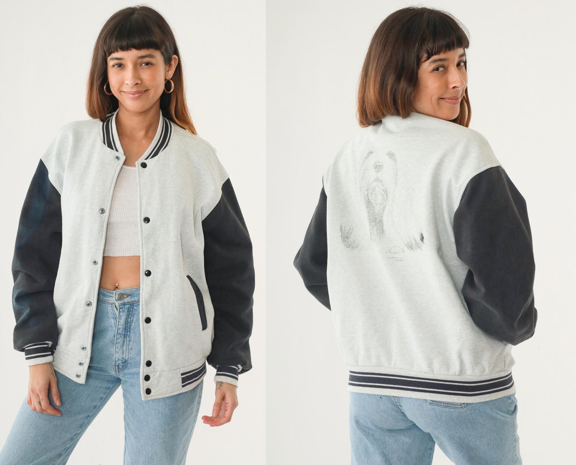90s Dog Graphic Bomber Jacket Heather Grey Black Striped Snap Up Large L