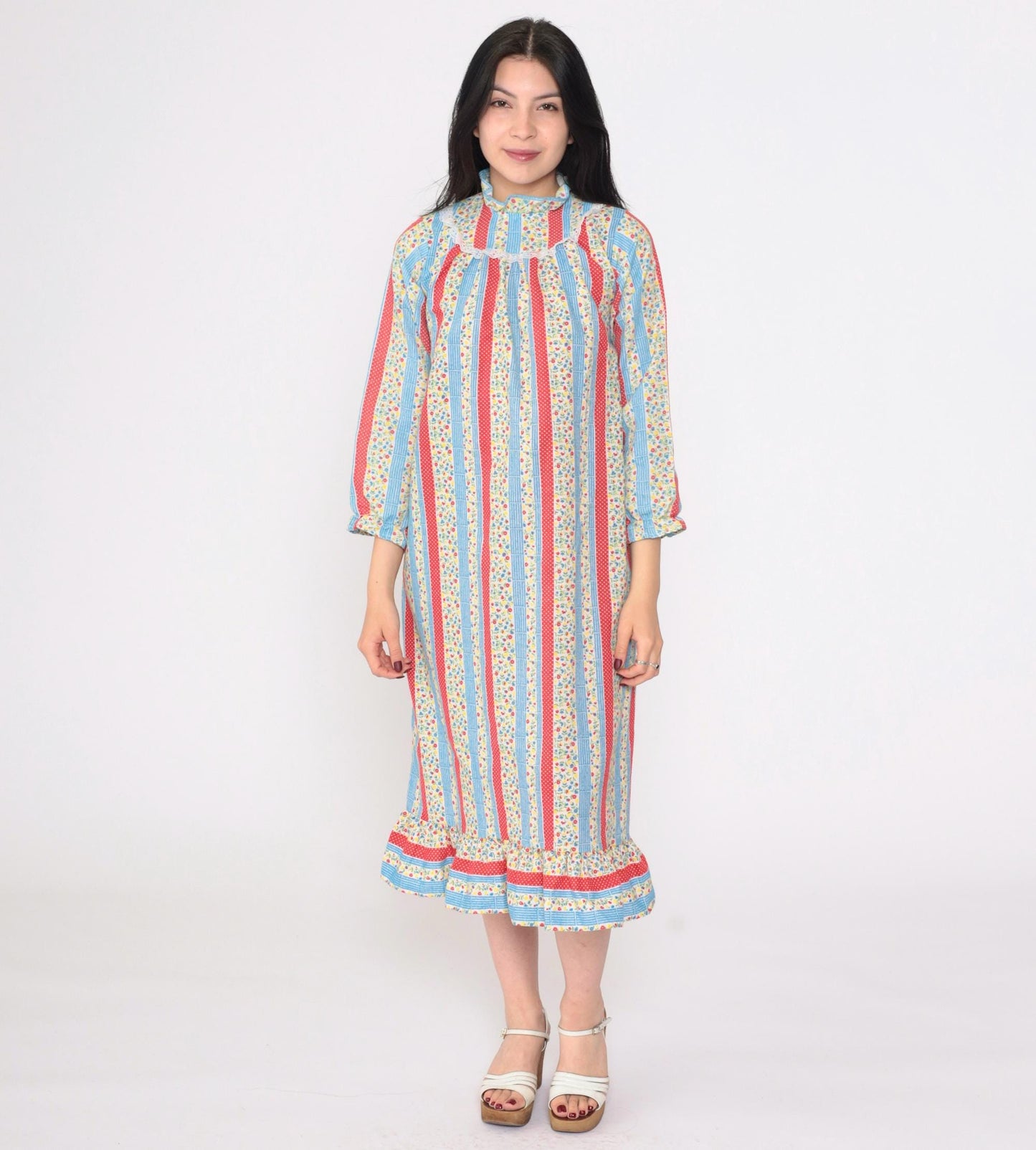 70s Floral Calico Striped Nightgown Eyelet Lace Bib Long Sleeve Red Blue Extra Small