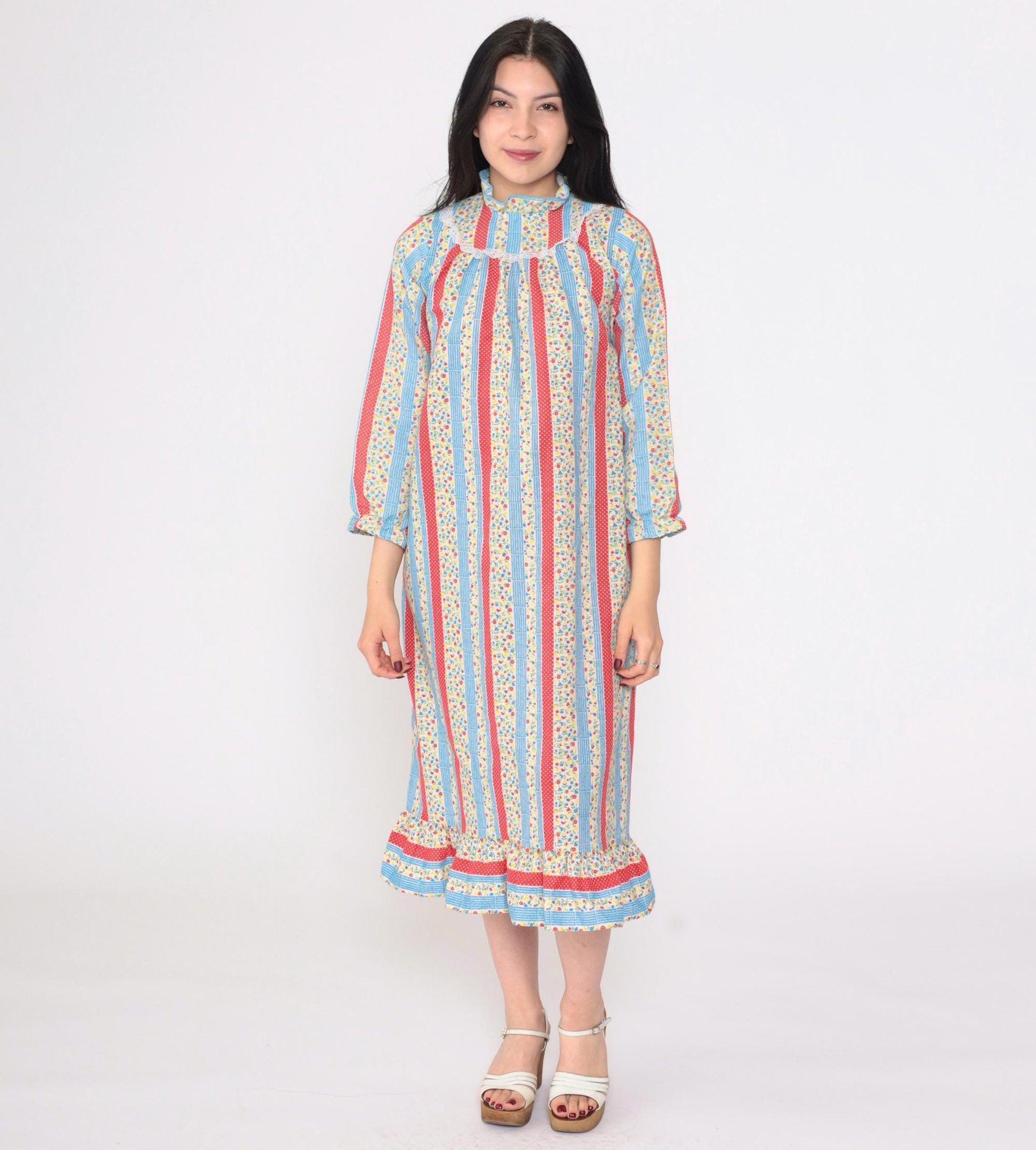 70s Floral Calico Striped Nightgown Eyelet Lace Bib Long Sleeve Red Blue Extra Small
