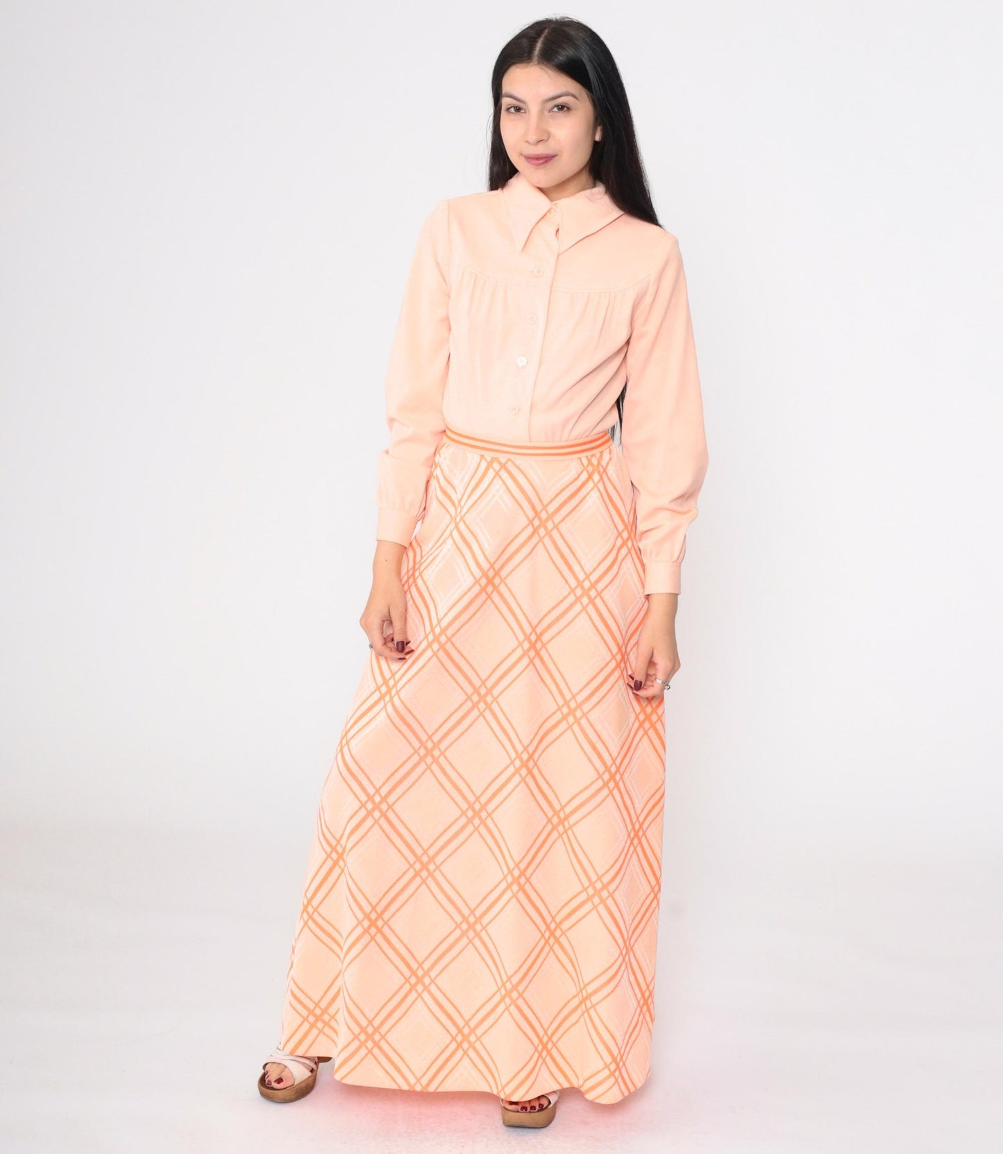 70s Peach Checkered Maxi Dress Button Up High Waist Long Sleeve Small