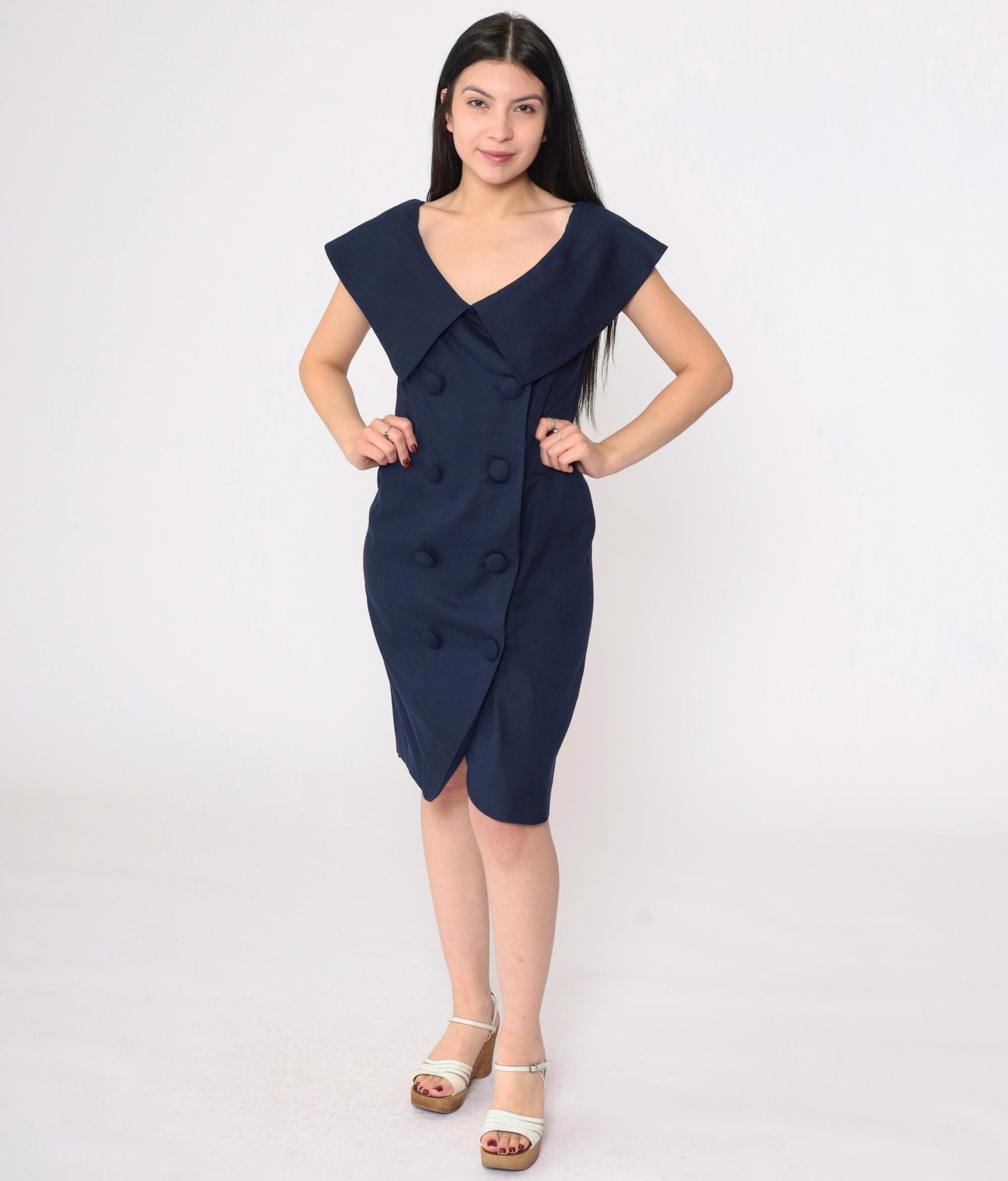 80s Kathryn Conover Navy Portrait Collar Mini Dress Double-Breasted Small 6