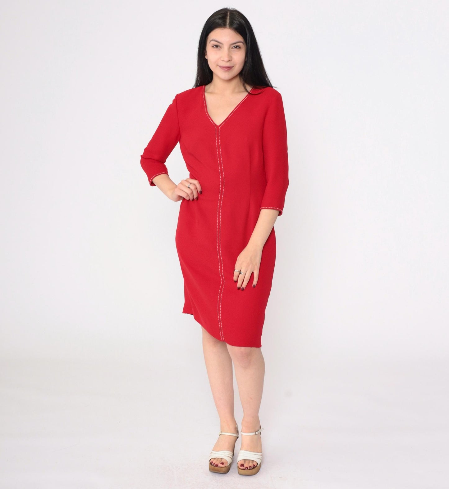 90s David Warren Red Sheath Dress V-Neck Decorative Stitching Small Petite