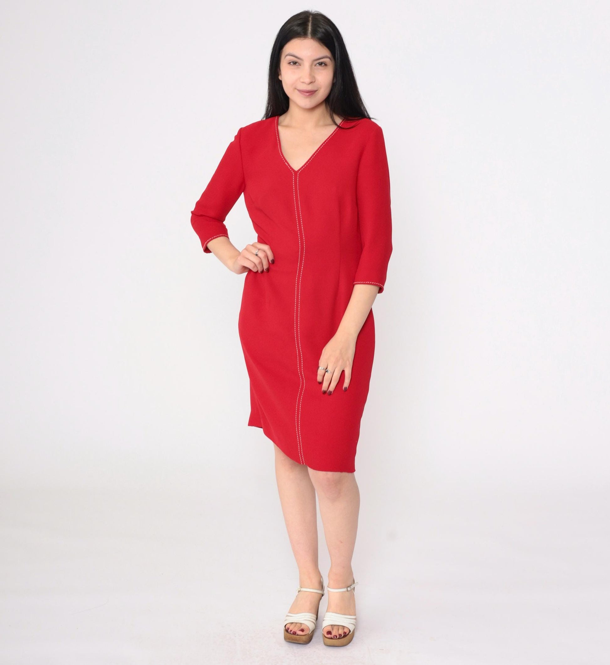 90s David Warren Red Sheath Dress V-Neck Decorative Stitching Small Petite