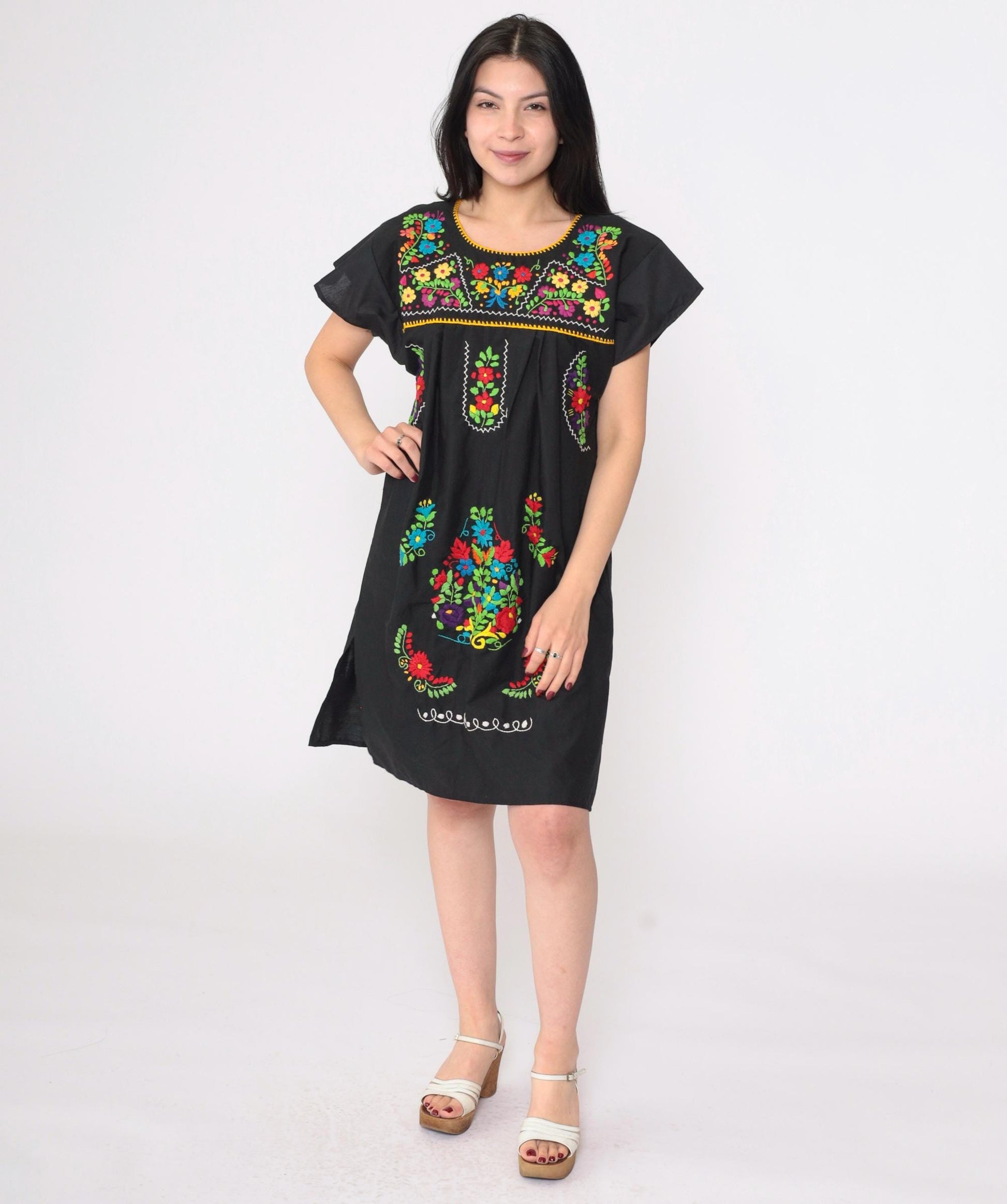 90s Black Mexican Embroidered Cotton Tunic Mini Dress Floral Small