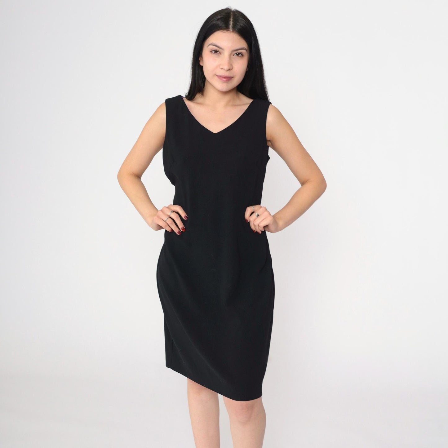 90s Black Shift Dress V-Neck Sleeveless Mini Solid Medium 8