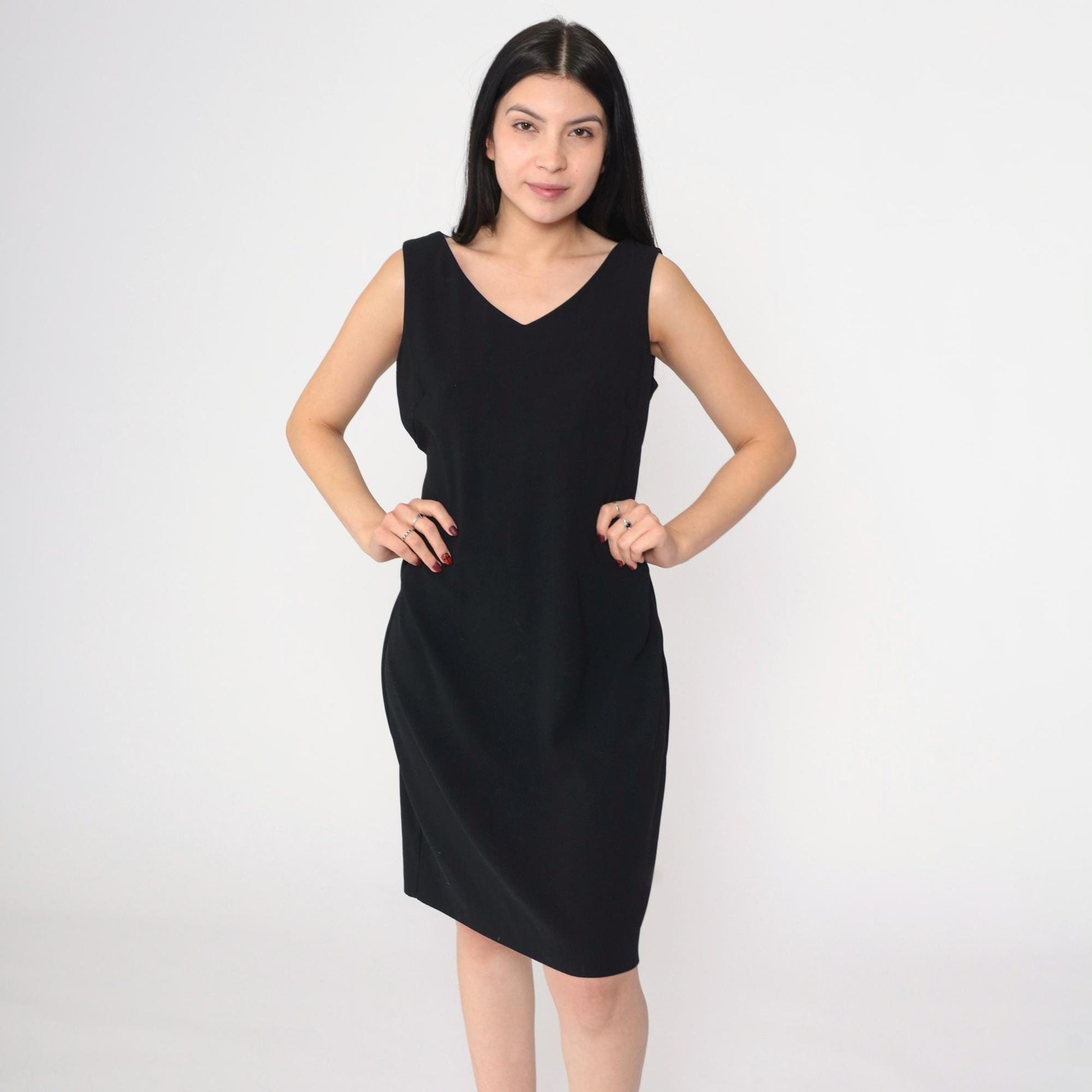 90s Black Shift Dress V-Neck Sleeveless Mini Solid Medium 8