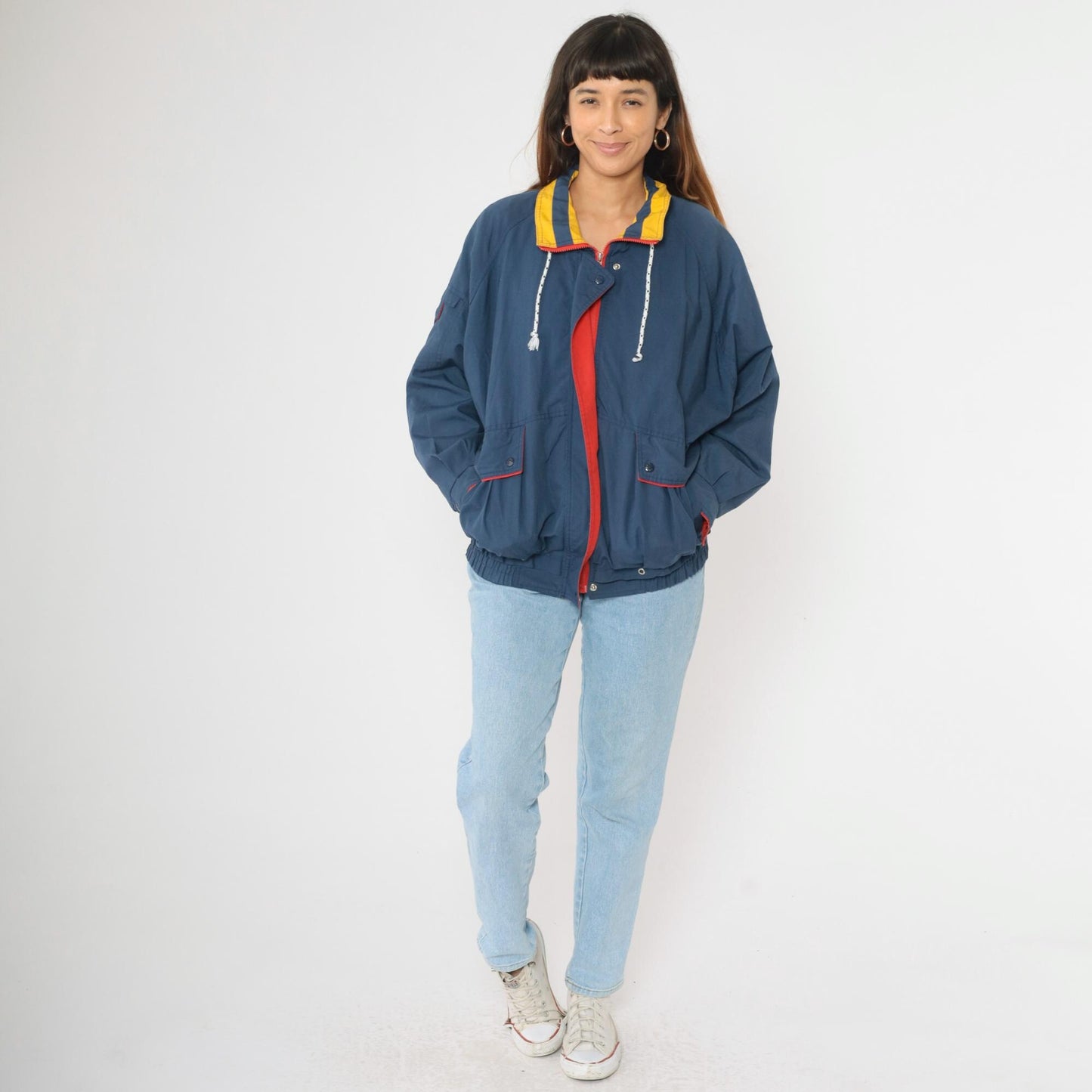 80s Izzi Spirit Blue Windbreaker Jacket Yellow Red Trim Zip Up Medium