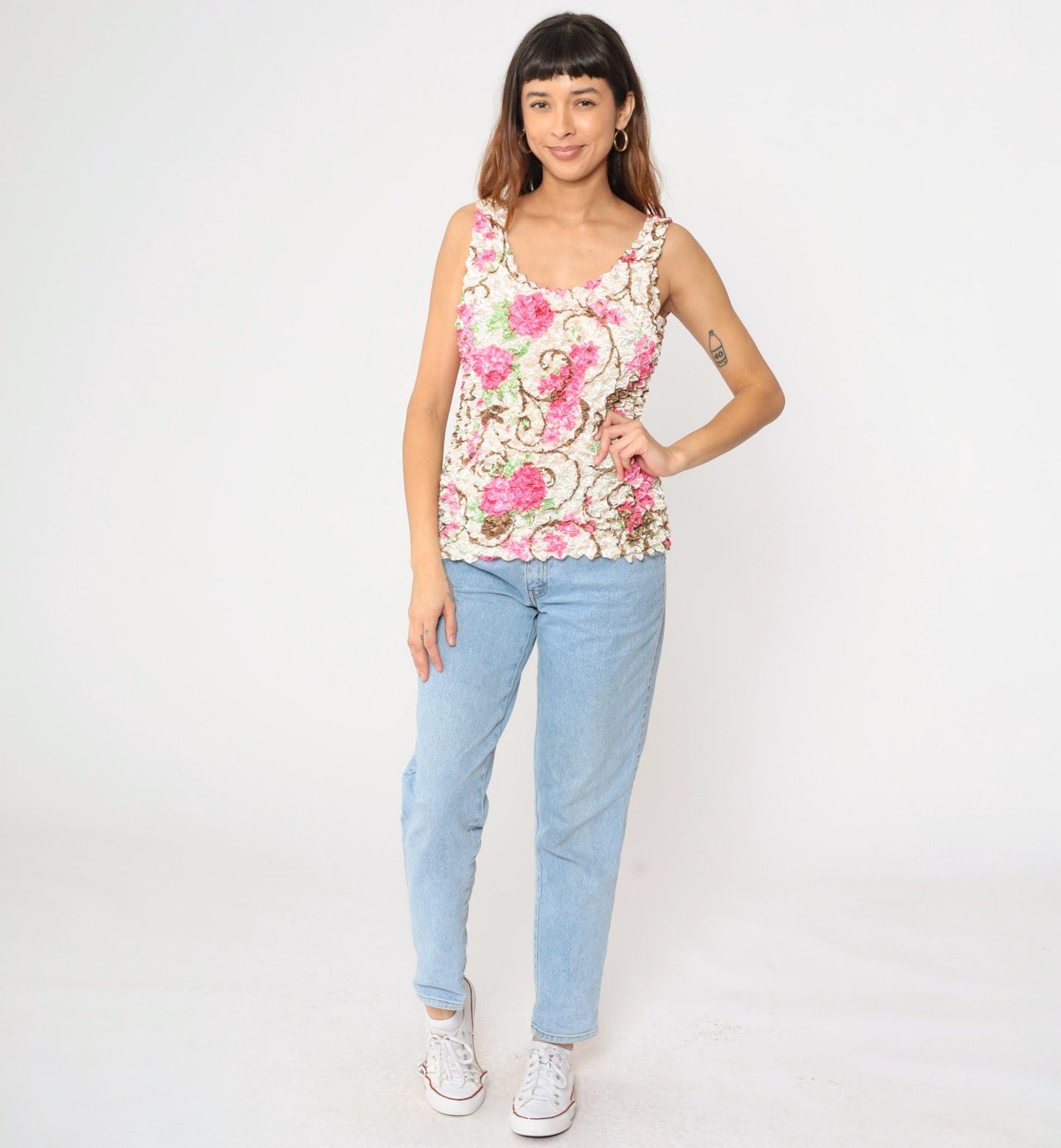 Y2K Floral Popcorn Tank Top Off-White Pink Flower Print Sleeveless Blouse Small
