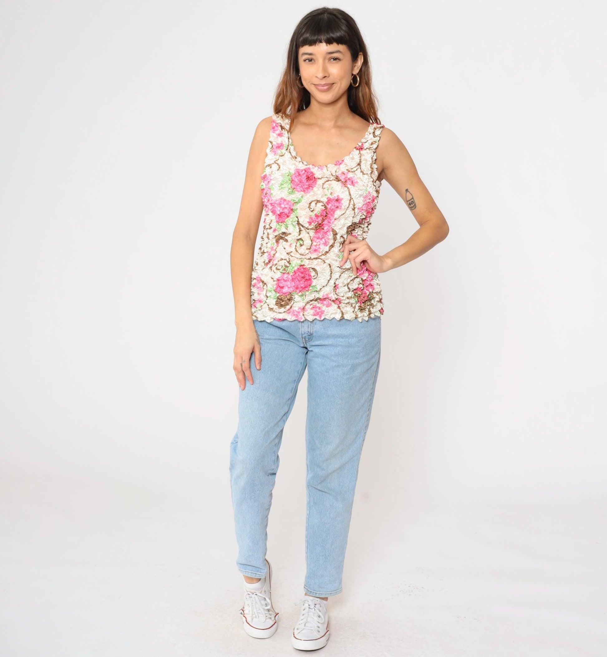 Y2K Floral Popcorn Tank Top Off-White Pink Flower Print Sleeveless Blouse Small
