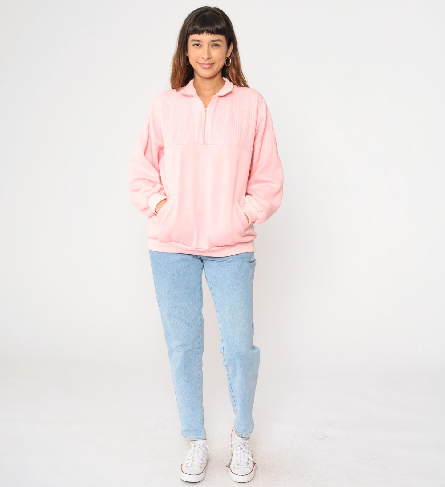90s Pink Quarter Zip Sweatshirt Collared Pullover Blank Extra Large XL