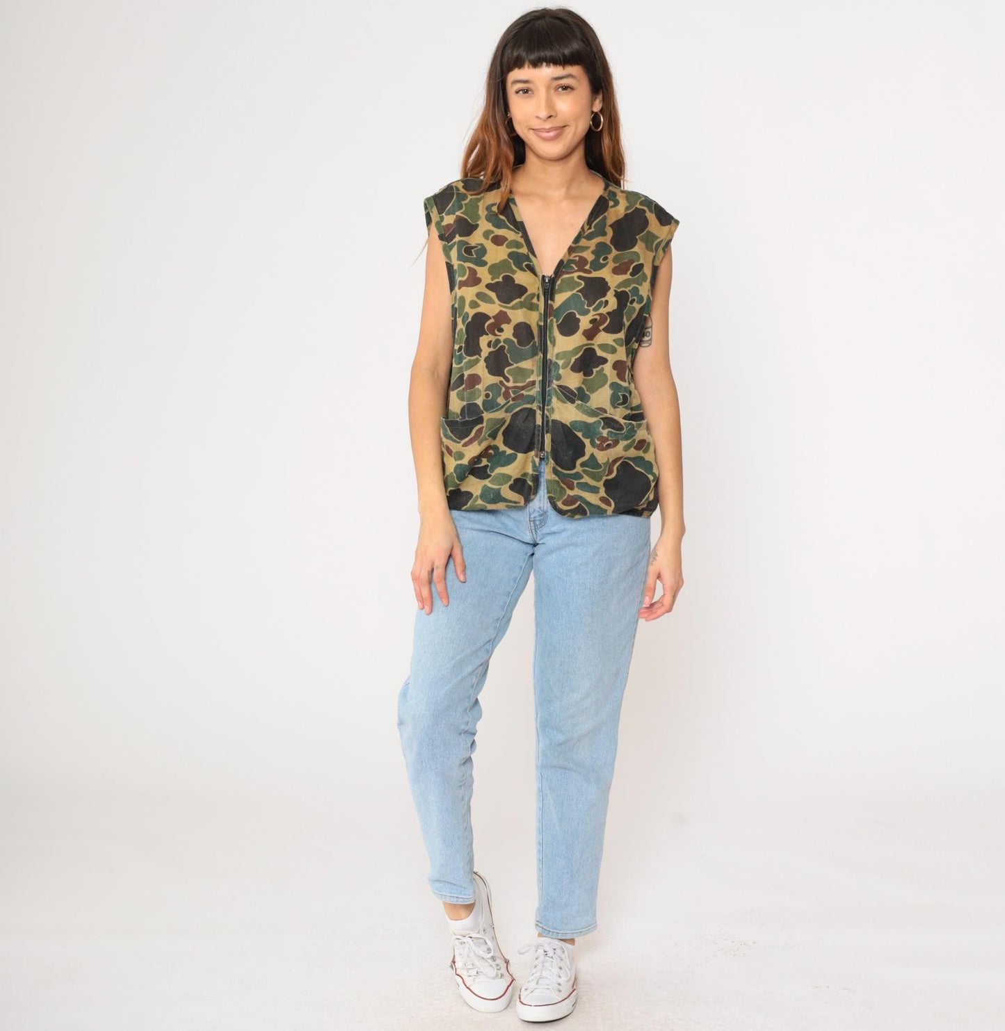 70s Saftbak Camo Hunting Vest Zip Front Canvas Olive Game Pocket Medium Large