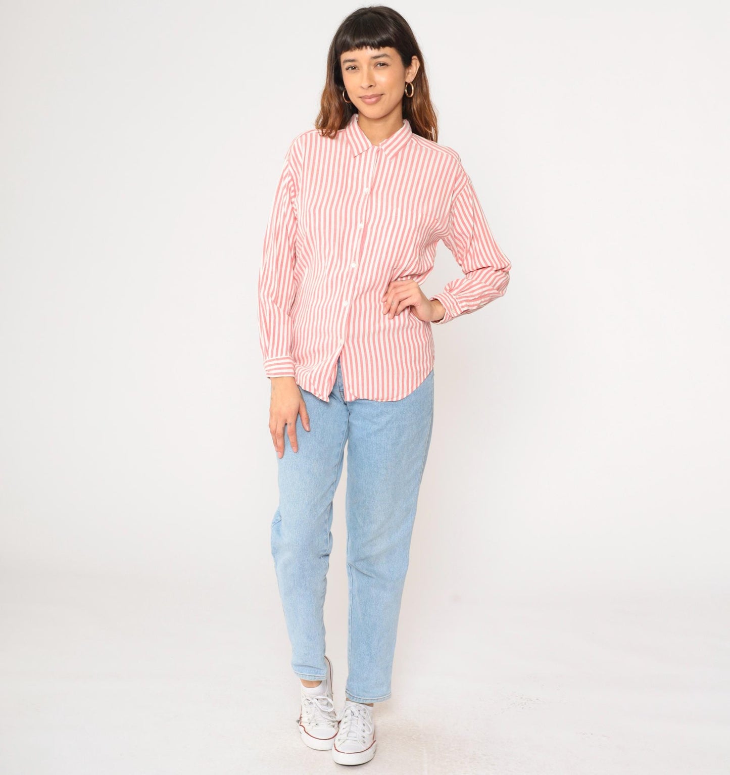 90s Gap Pink Striped Rayon Blouse Long Sleeve Button Up Chest Pocket Medium