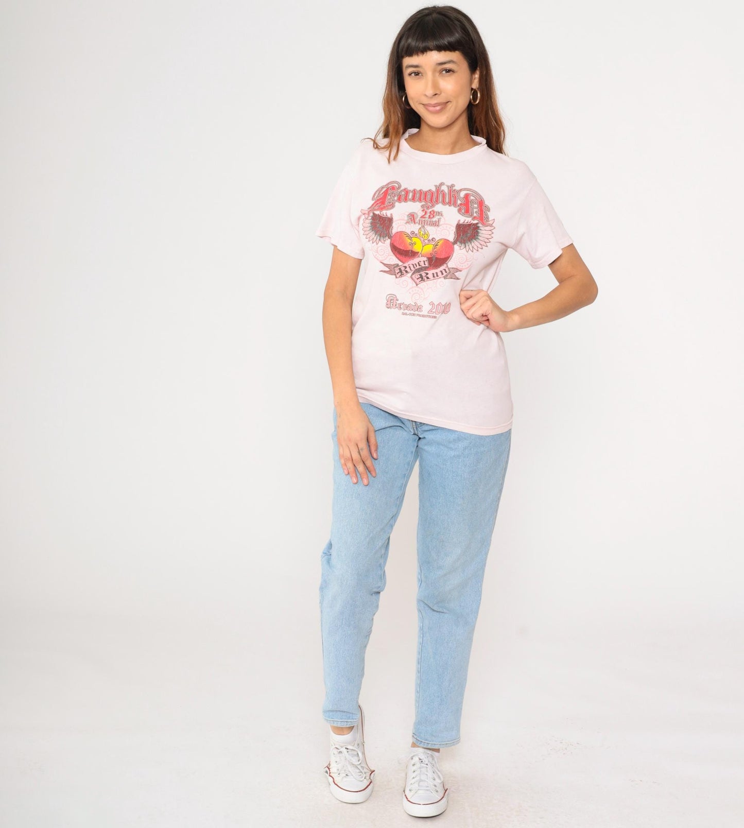 Laughlin River Run Winged Heart Flame Graphic T-Shirt Pink Small S