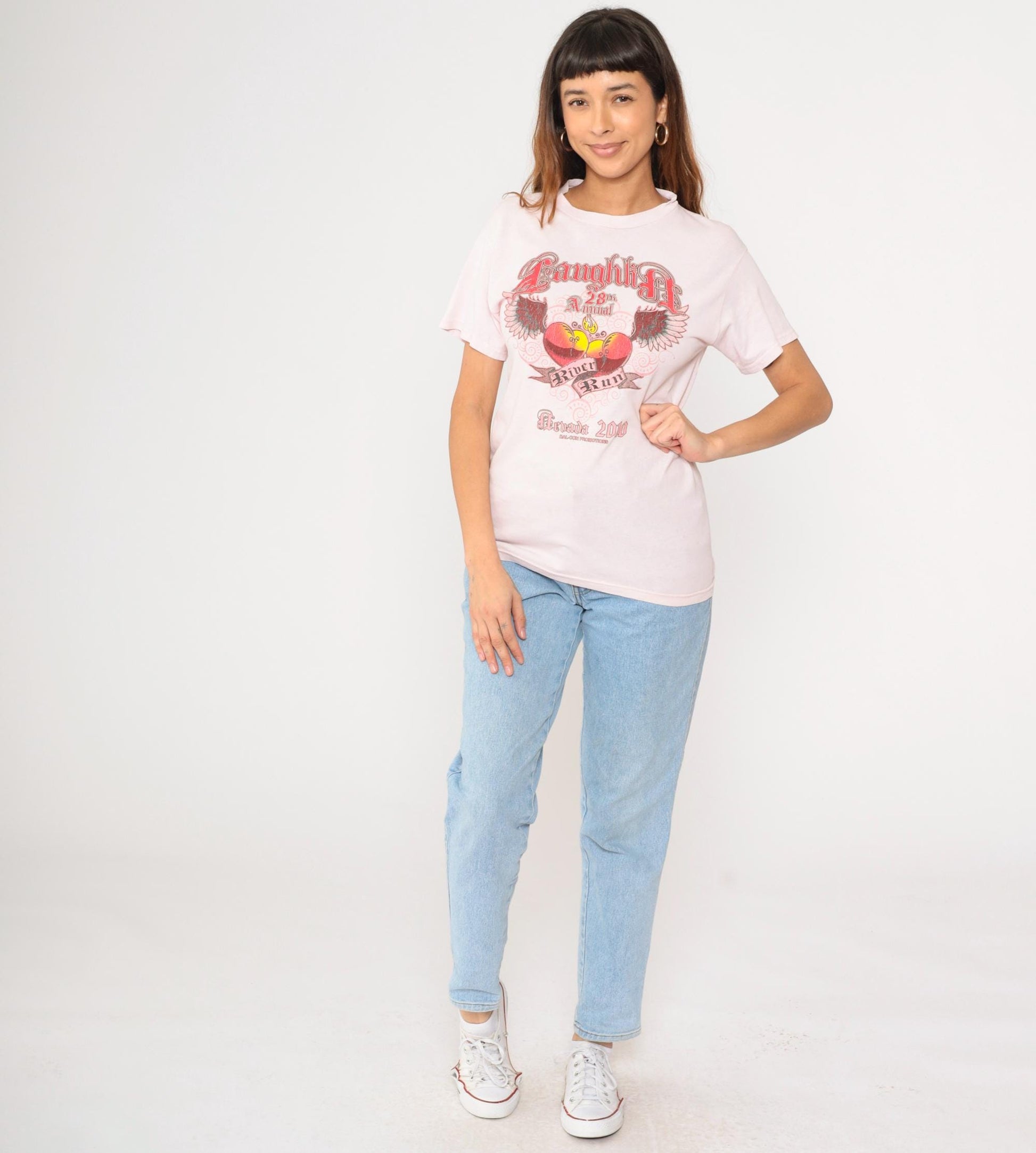 Laughlin River Run Winged Heart Flame Graphic T-Shirt Pink Small S