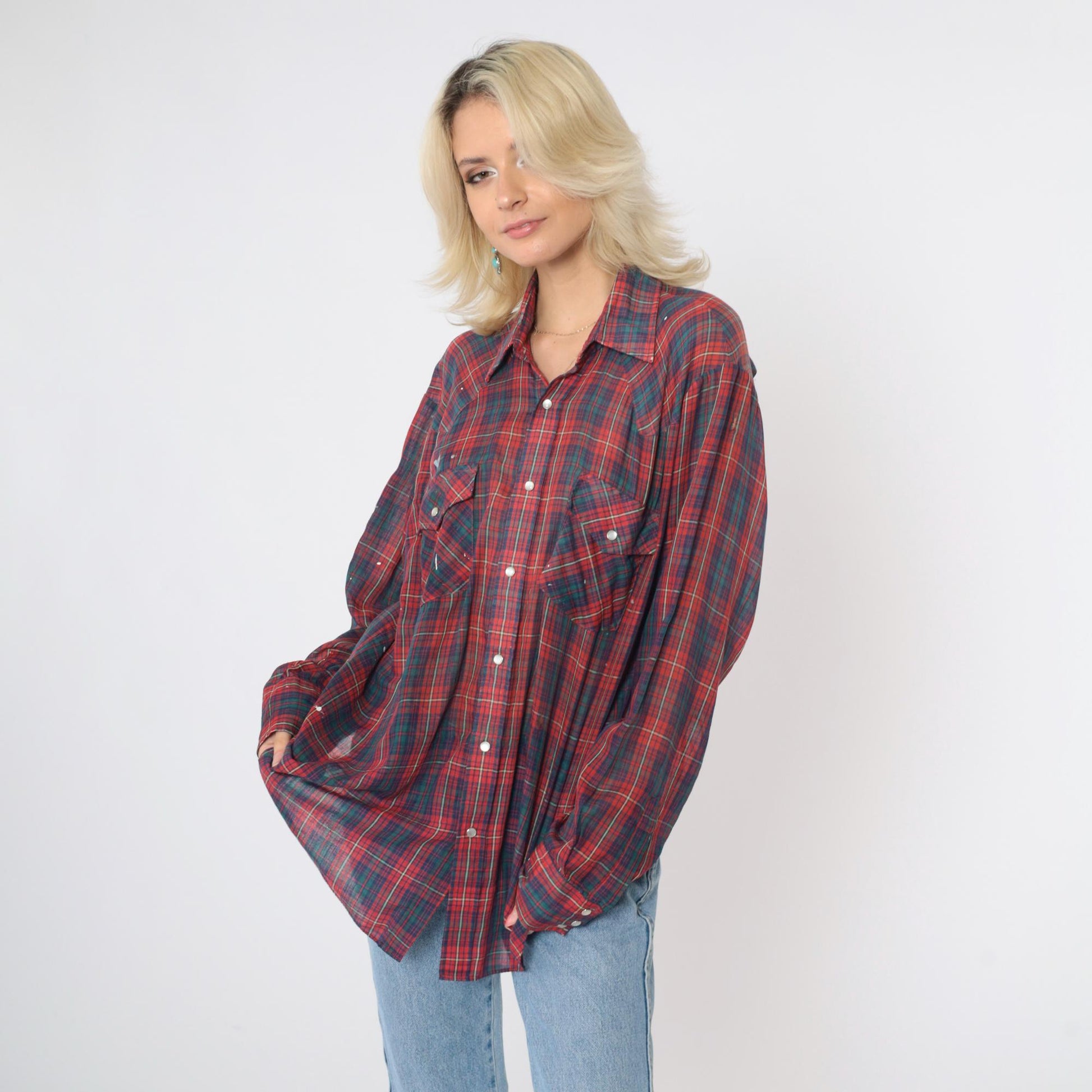 80s Western Pearl Snap Shirt Plaid Paint Splatter Distressed Large L