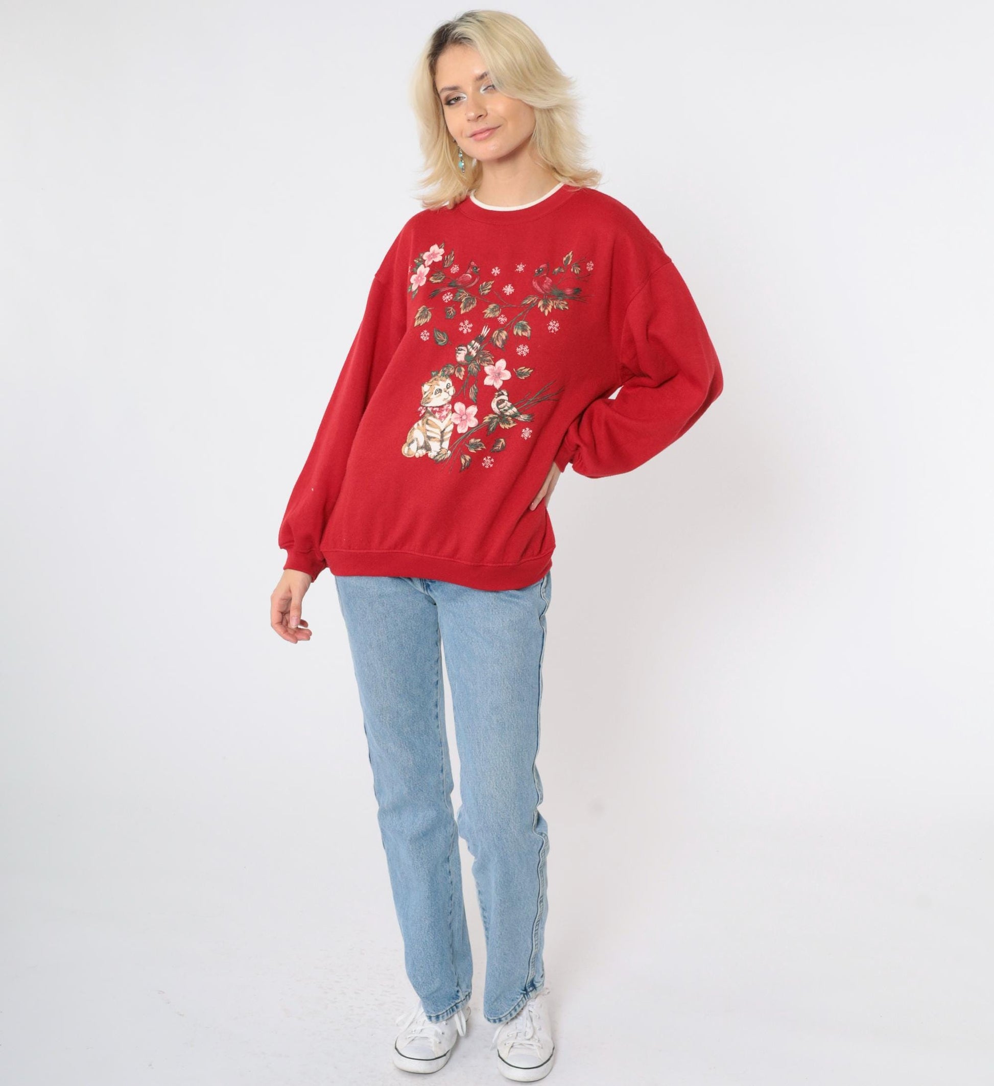 90s Cat Cardinal Sweatshirt Red Kitten Cherry Blossom Graphic Crewneck Medium M