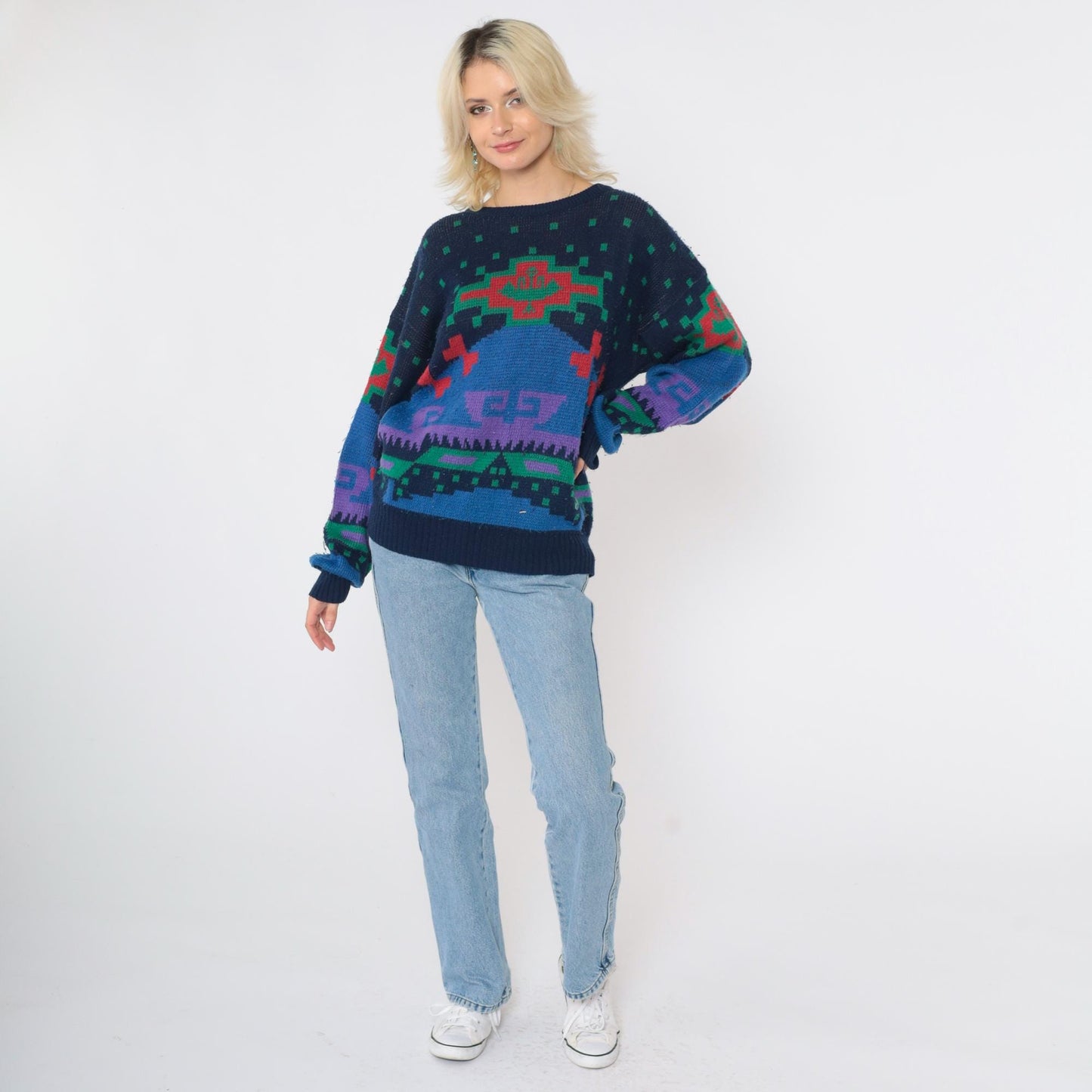 80s Sergio Geometric Sweater Navy Blue Red Green Abstract Crewneck Medium