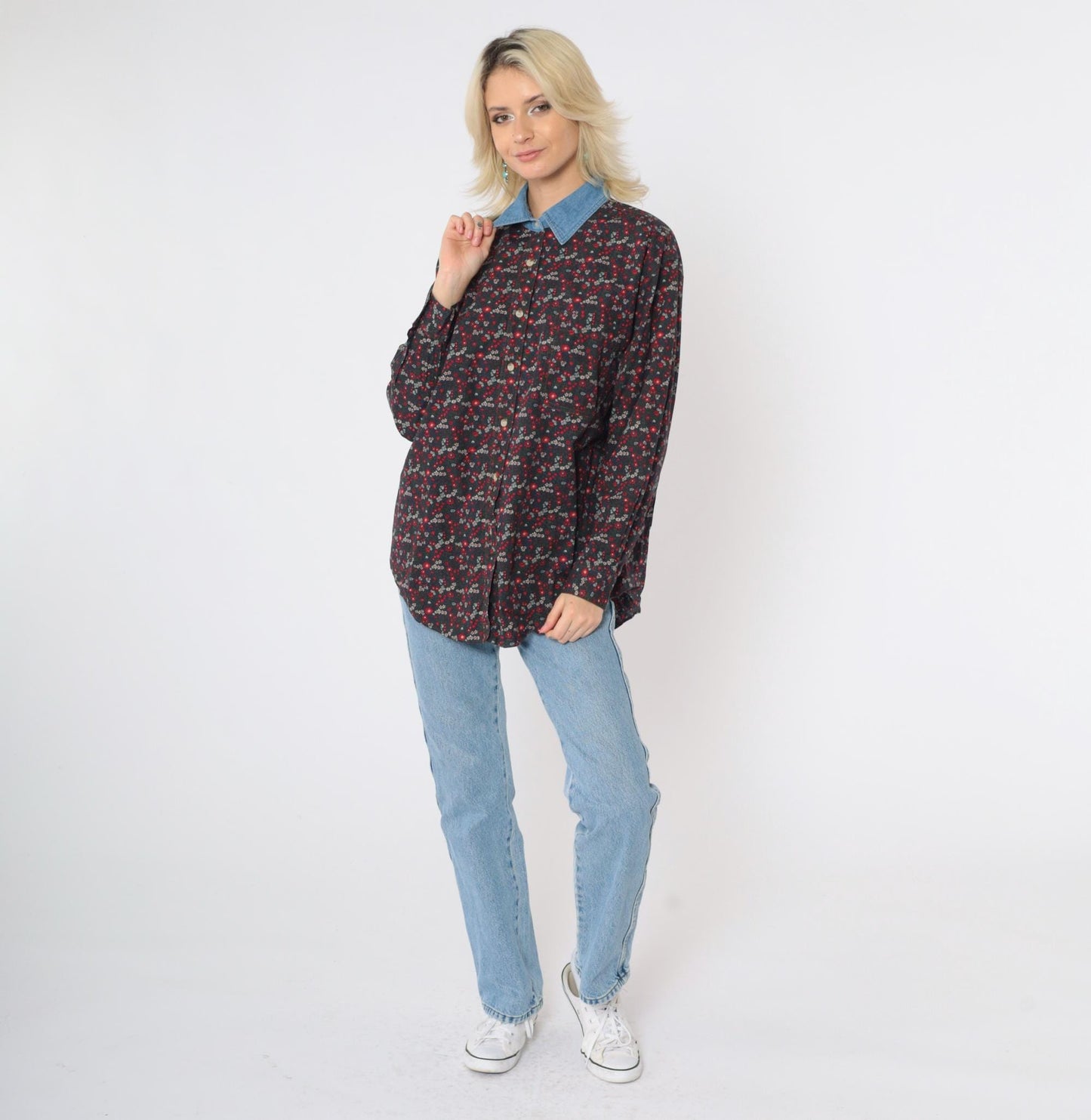90s Floral Button-Up Blouse Red Green Blue Denim Collar Cotton Medium
