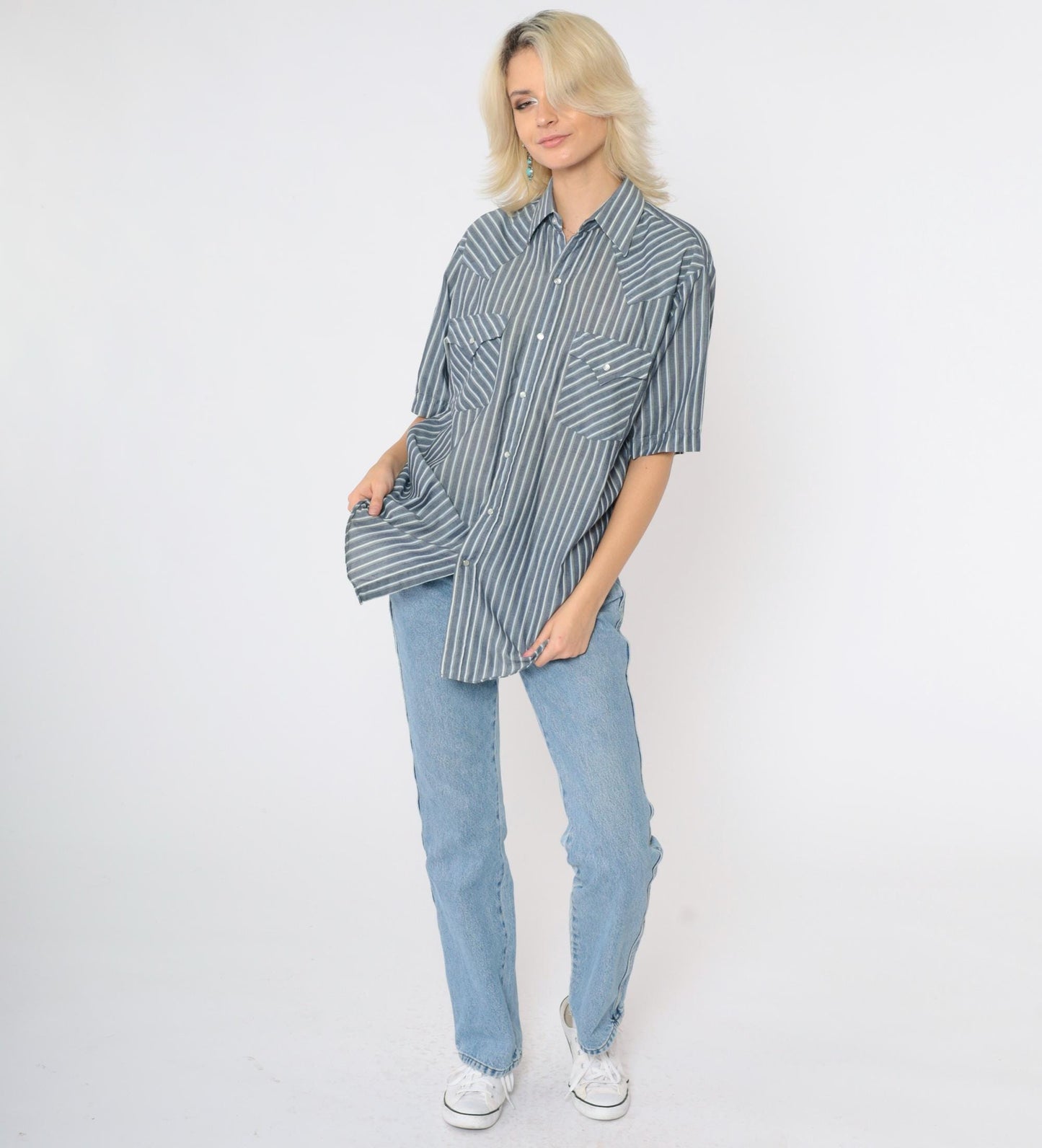 90s Plains Western Wear Pearl Snap Shirt Grey Striped Short Sleeve Small