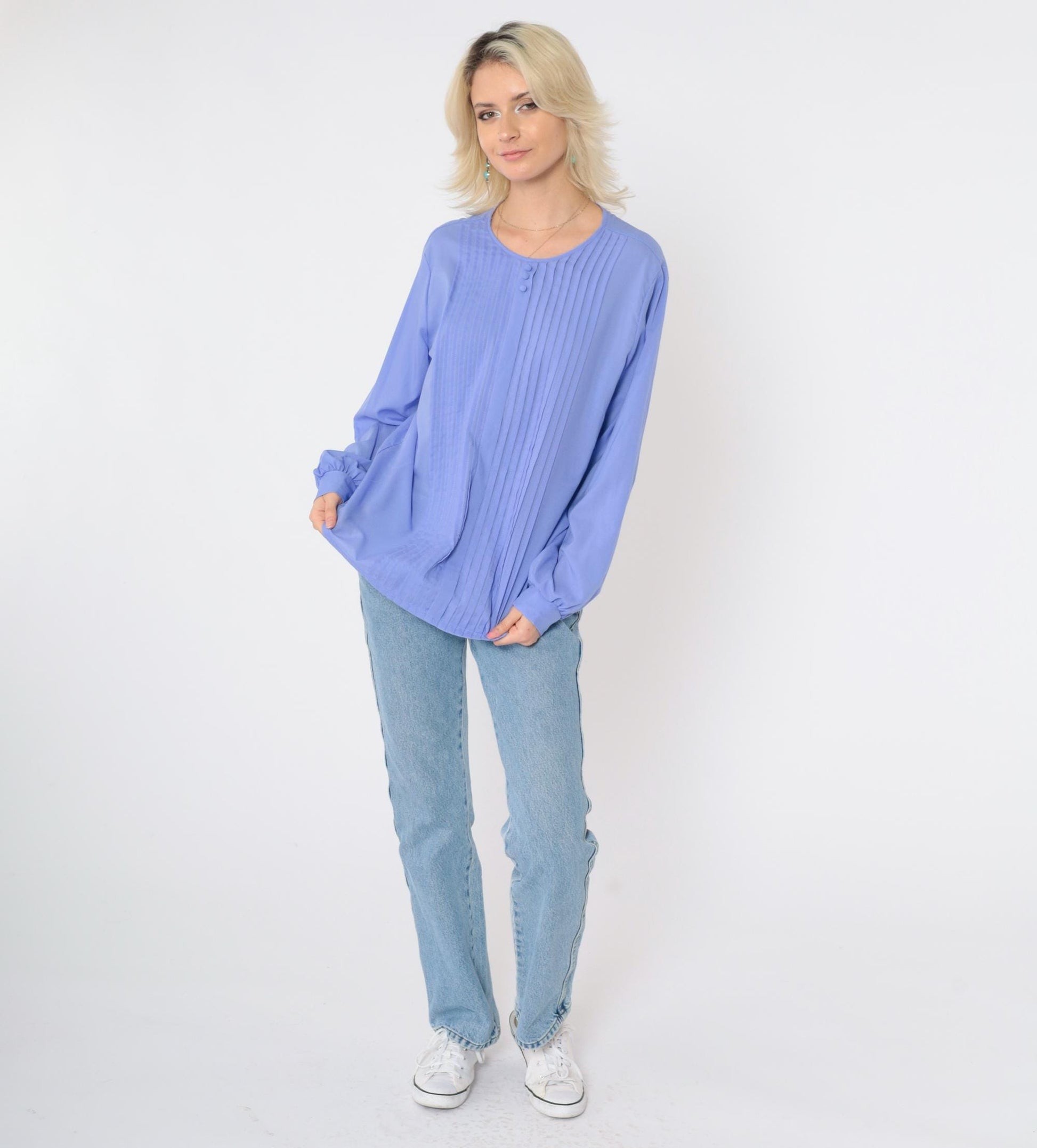 80s Periwinkle Pleated Blouse Long Sleeve Button Front Shirt Large